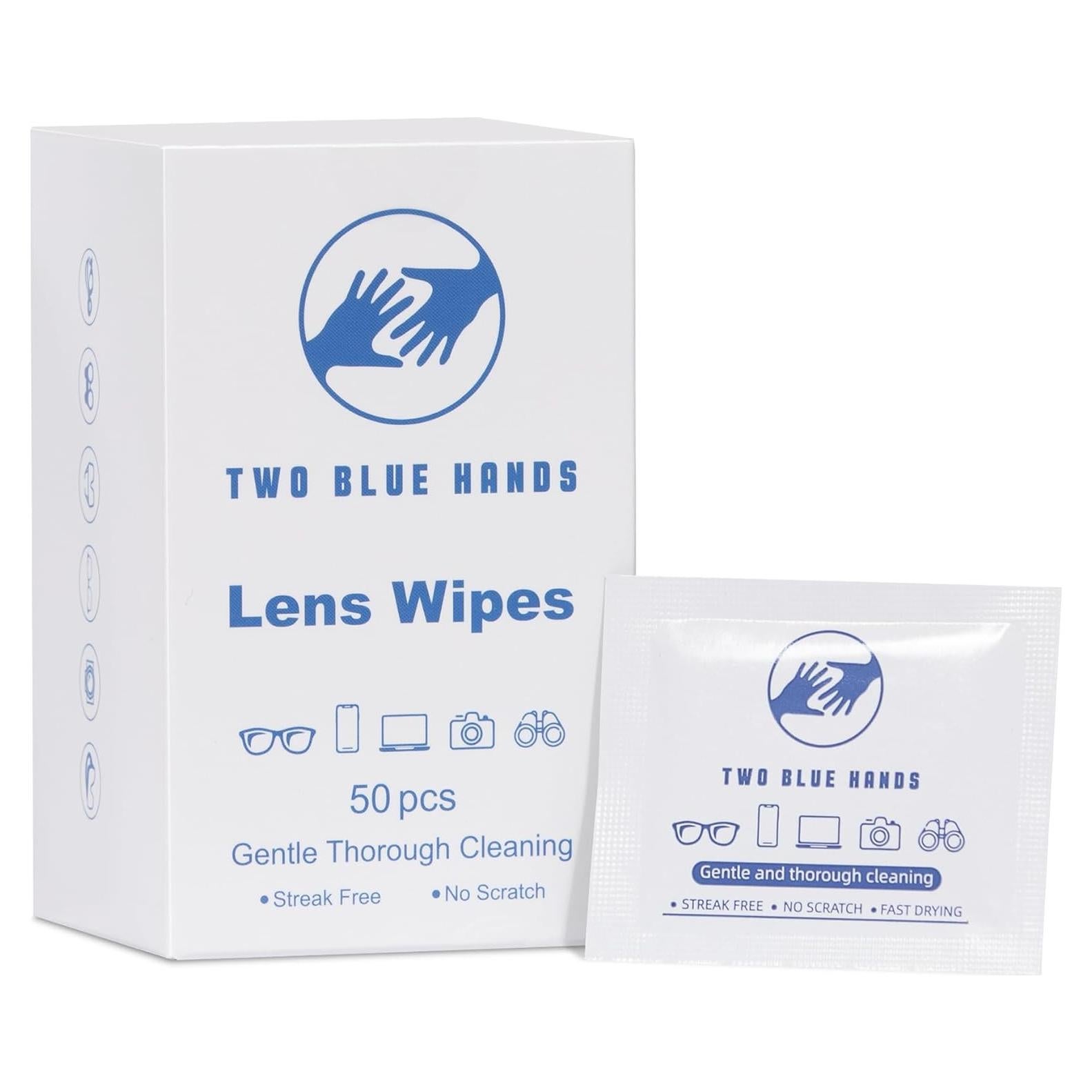 Toallitas desechables TWO BLUE HANDS para limpieza de lentes