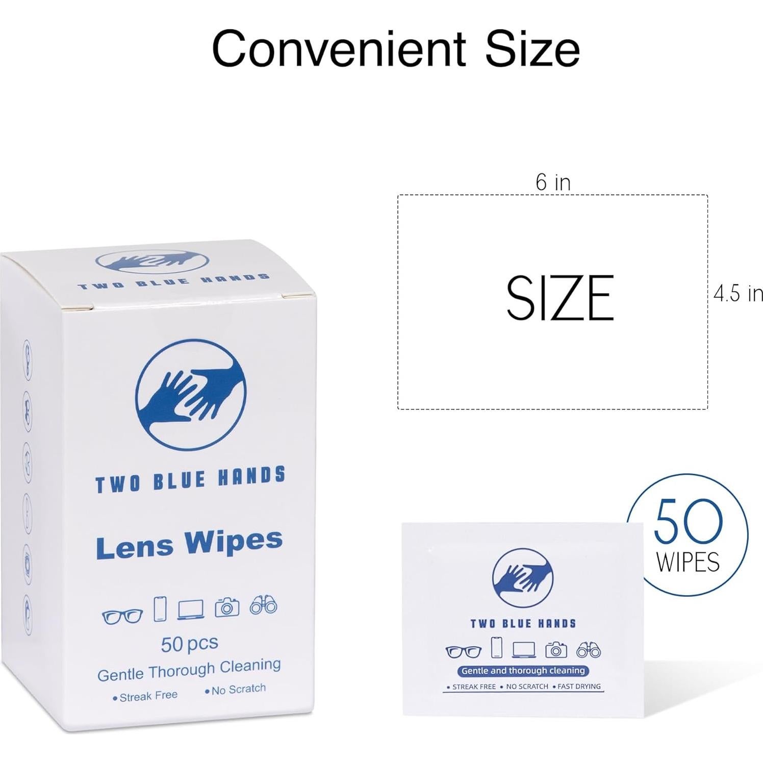 Toallitas desechables TWO BLUE HANDS para limpieza de lentes