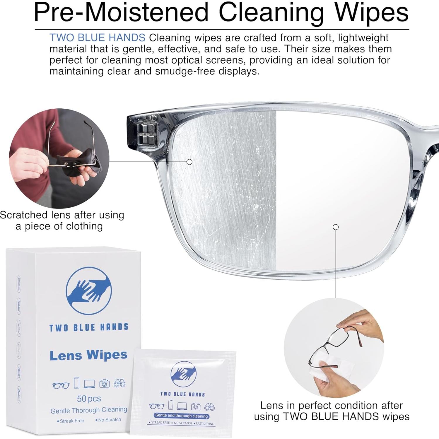 Toallitas desechables TWO BLUE HANDS para limpieza de lentes