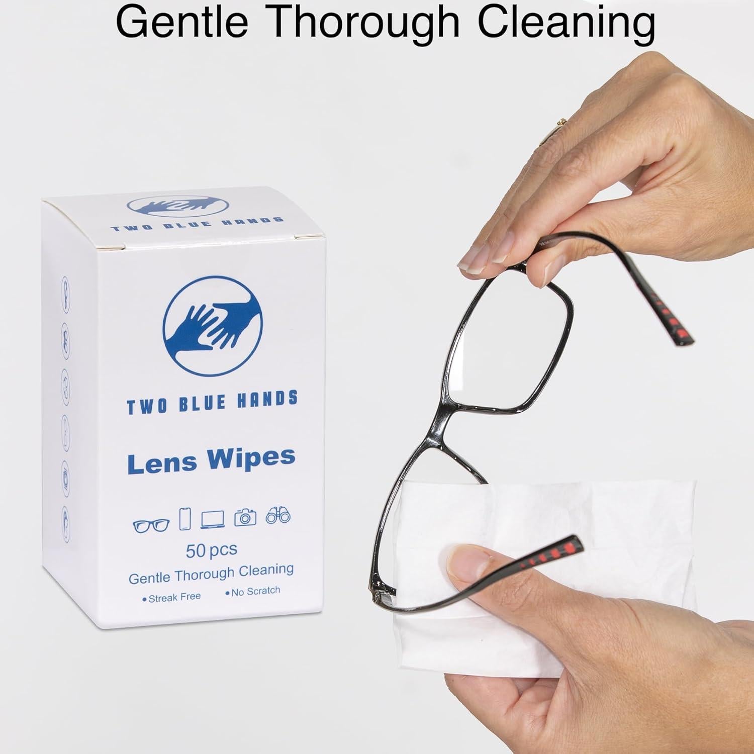 Toallitas desechables TWO BLUE HANDS para limpieza de lentes