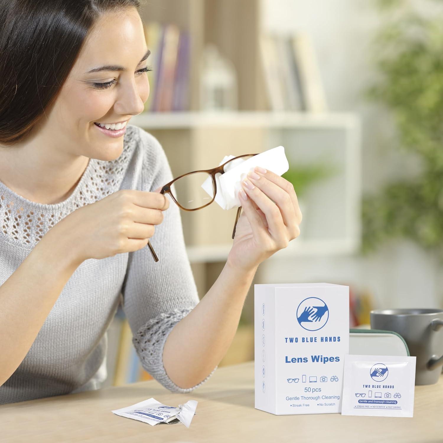 Toallitas desechables TWO BLUE HANDS para limpieza de lentes