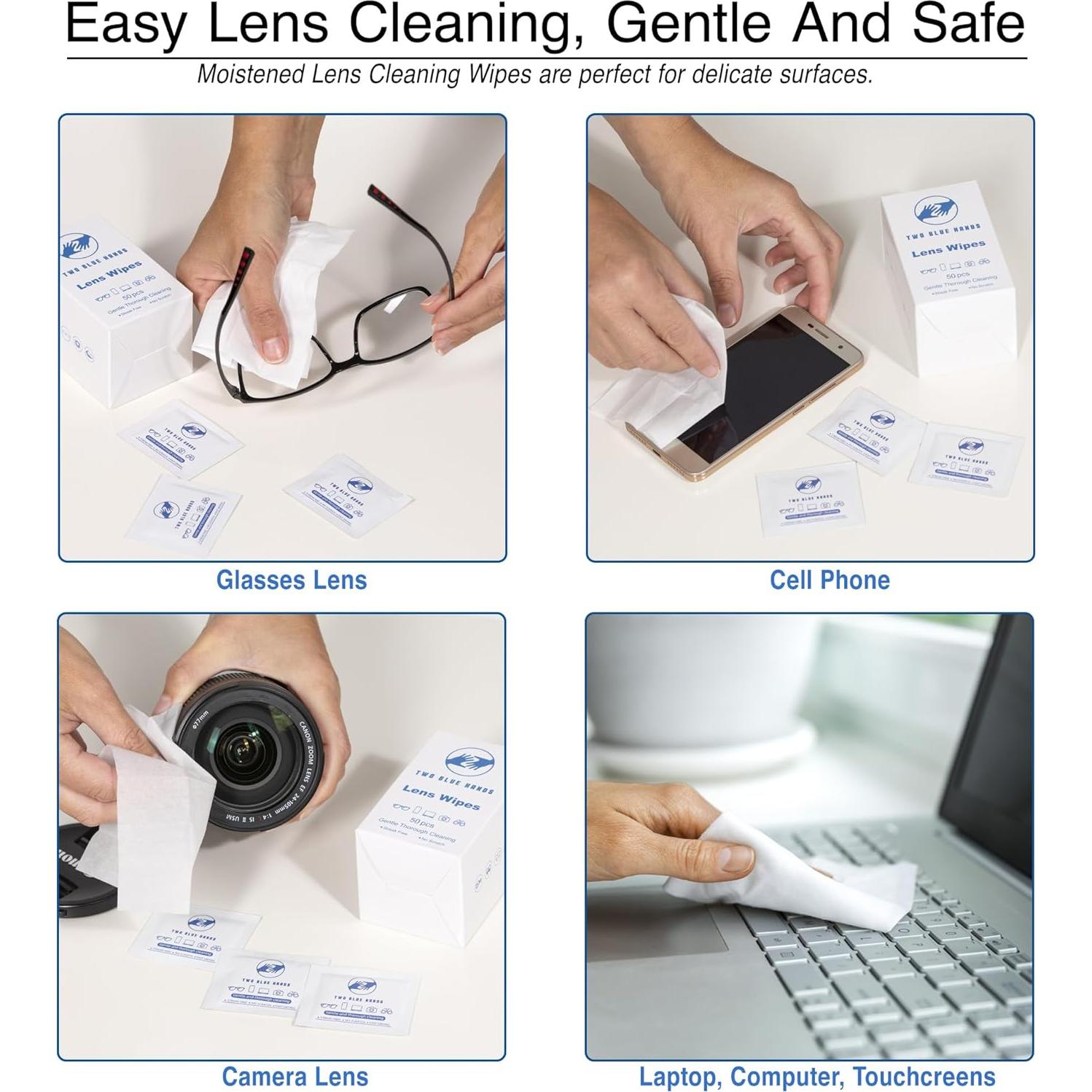 Toallitas desechables TWO BLUE HANDS para limpieza de lentes