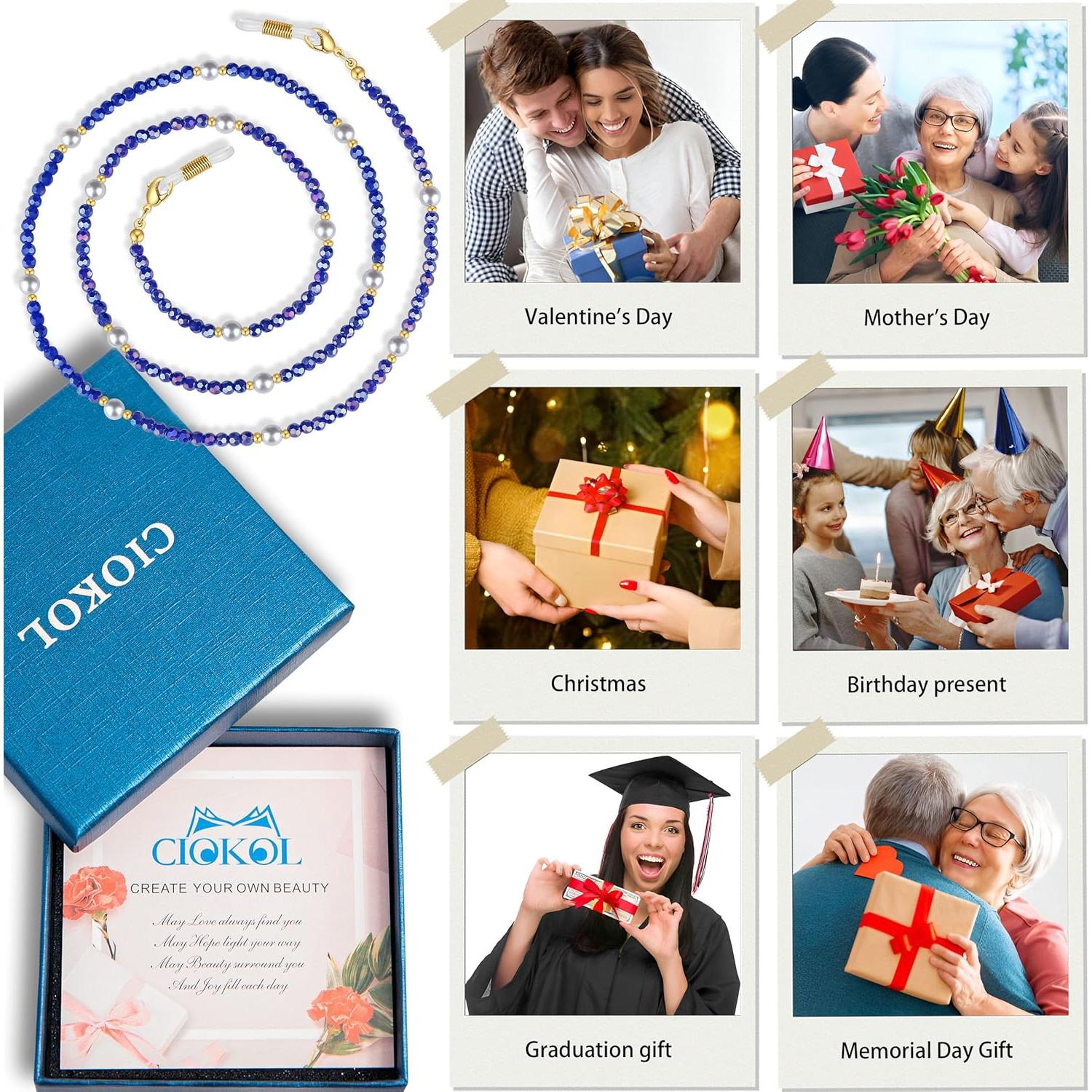 Cadena de Gafas Perla de Medianoche - Cristales Azul Marino