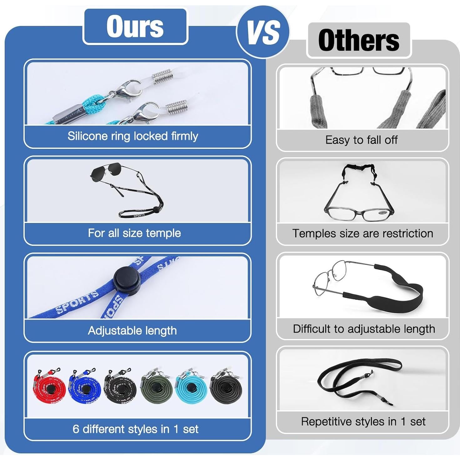 6 Pack Correas Ajustables para Gafas - Soporte Universal