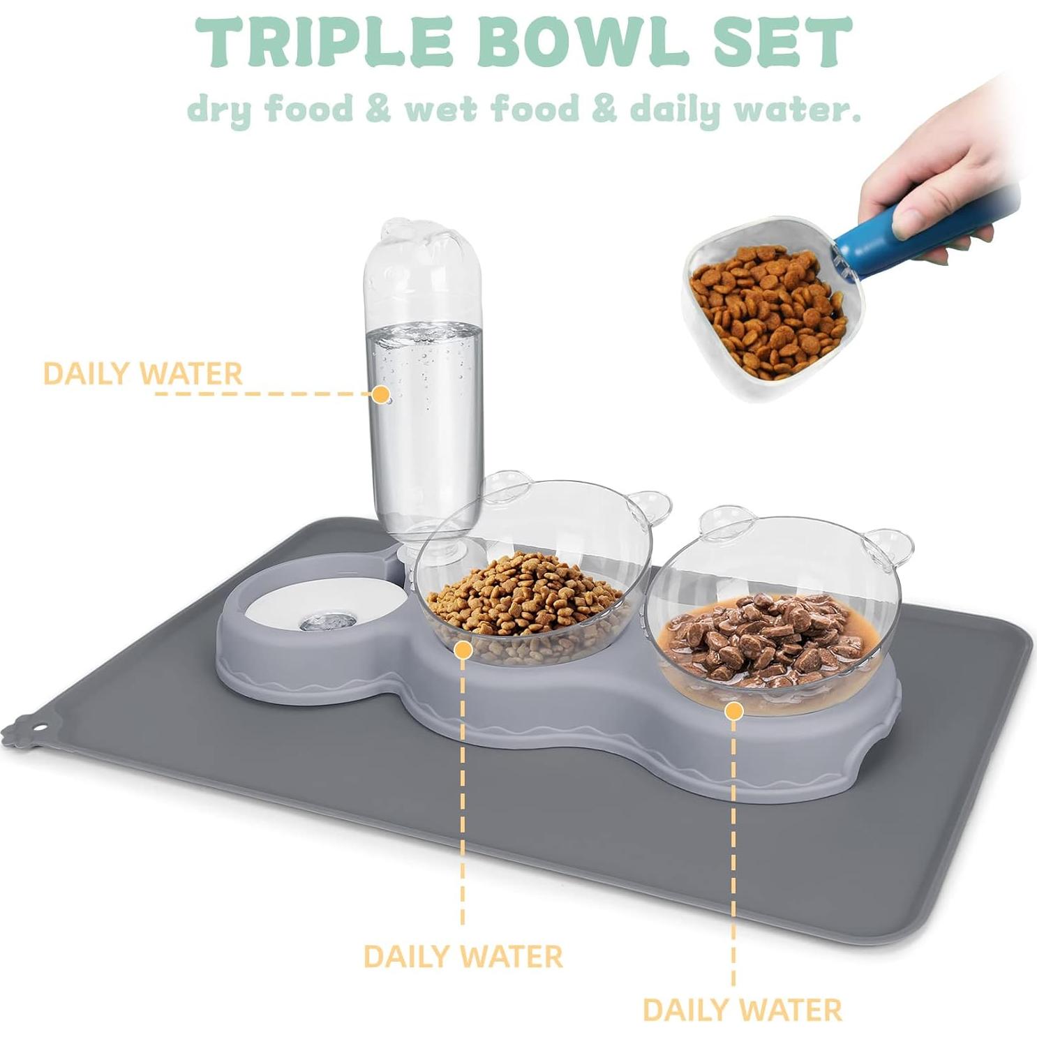 Cuencos Triples para Gatos YECERCAN con Botella Automática