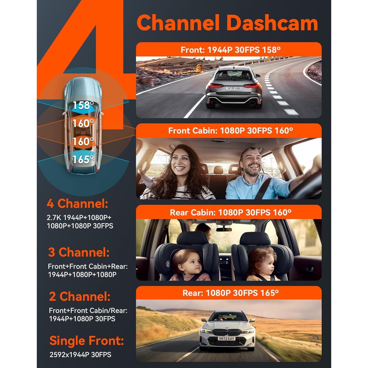 Vantrue N5 4 Channel WiFi 360° All Sides Dash Cam, STARVIS 2, IR Night Vision, 2.7K+1080P*3 Front Rear Inside Dashcam, Voice Control, GPS, 24 Hours Buffered Parking Mode Dash Camera, 512GB Max (N5)