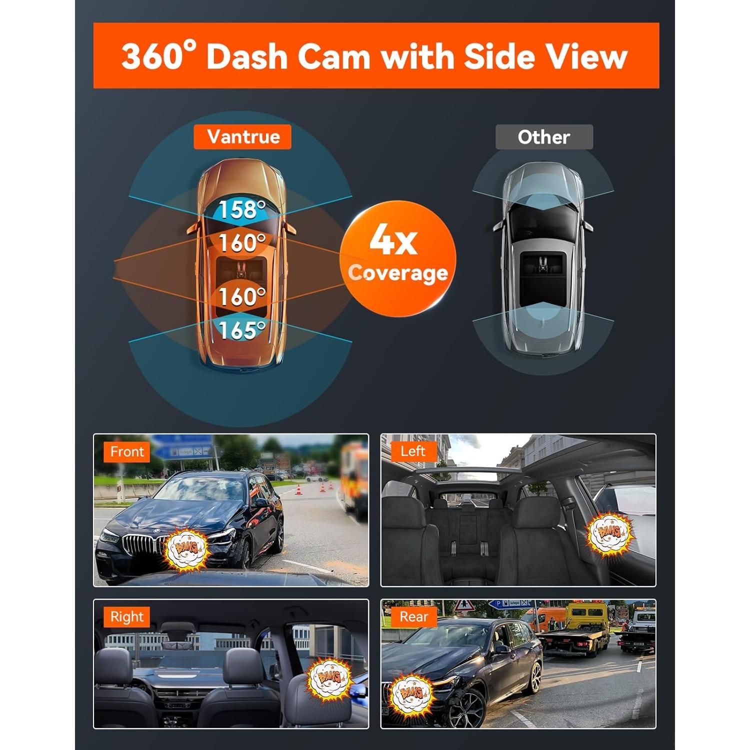 Vantrue N5 4 Channel WiFi 360° All Sides Dash Cam, STARVIS 2, IR Night Vision, 2.7K+1080P*3 Front Rear Inside Dashcam, Voice Control, GPS, 24 Hours Buffered Parking Mode Dash Camera, 512GB Max (N5)
