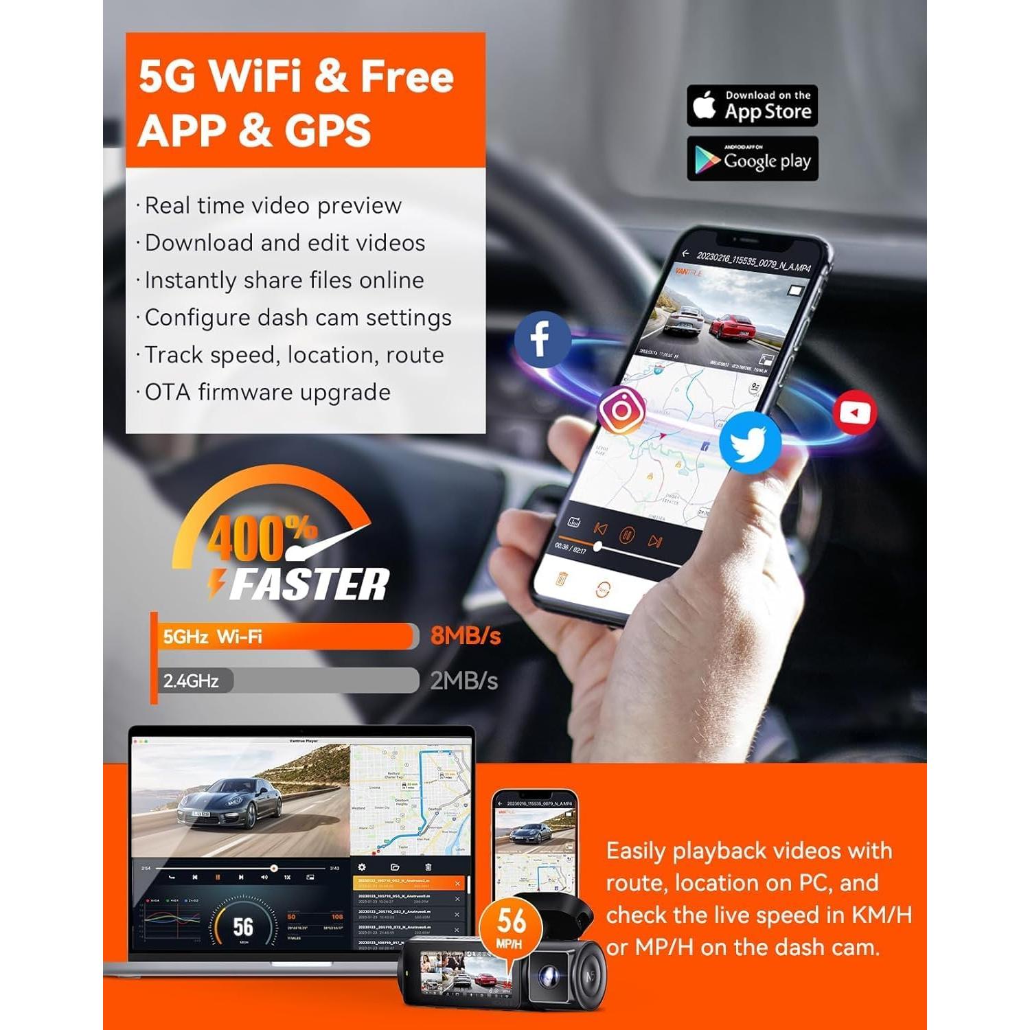 Vantrue N5 4 Channel WiFi 360° All Sides Dash Cam, STARVIS 2, IR Night Vision, 2.7K+1080P*3 Front Rear Inside Dashcam, Voice Control, GPS, 24 Hours Buffered Parking Mode Dash Camera, 512GB Max (N5)