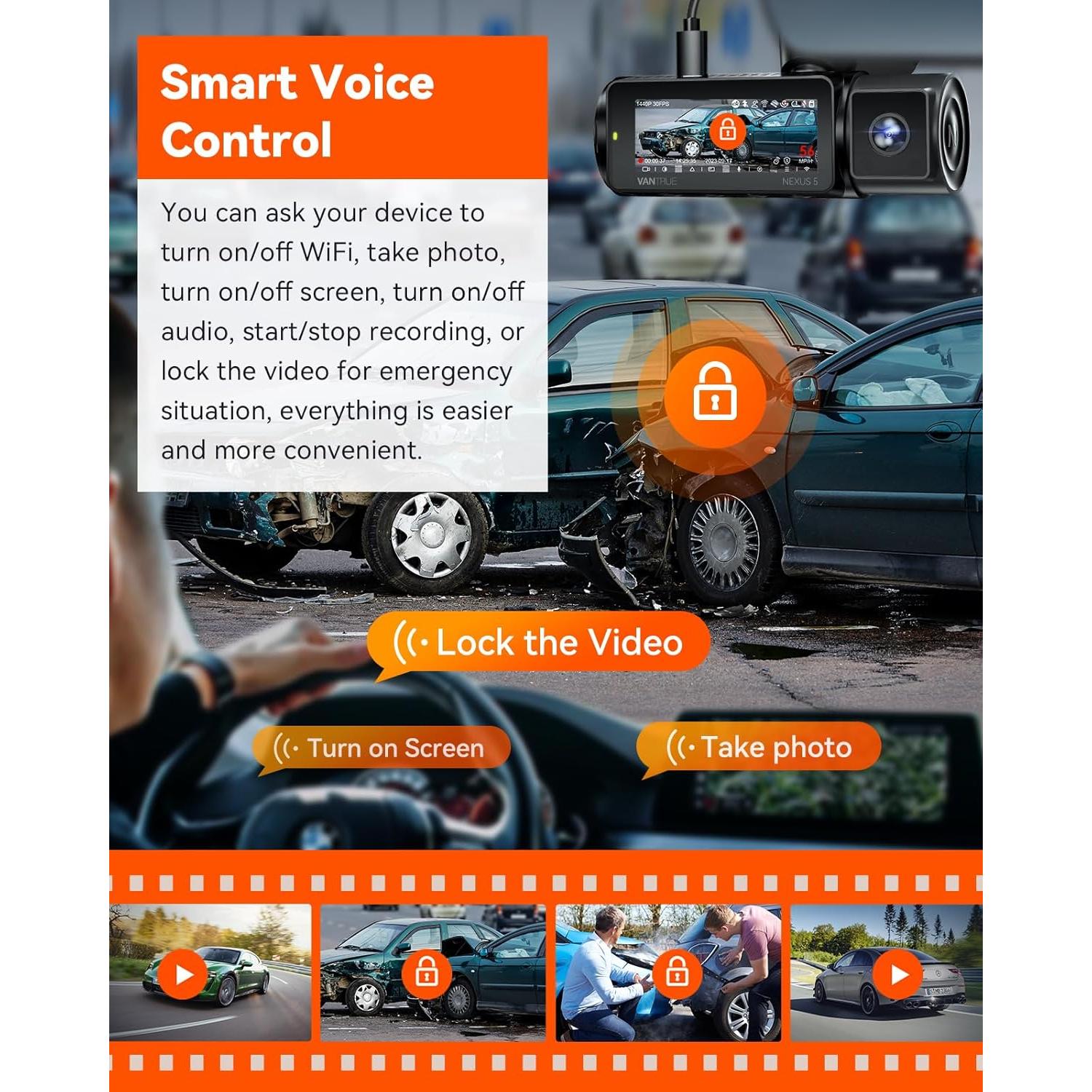 Vantrue N5 4 Channel WiFi 360° All Sides Dash Cam, STARVIS 2, IR Night Vision, 2.7K+1080P*3 Front Rear Inside Dashcam, Voice Control, GPS, 24 Hours Buffered Parking Mode Dash Camera, 512GB Max (N5)