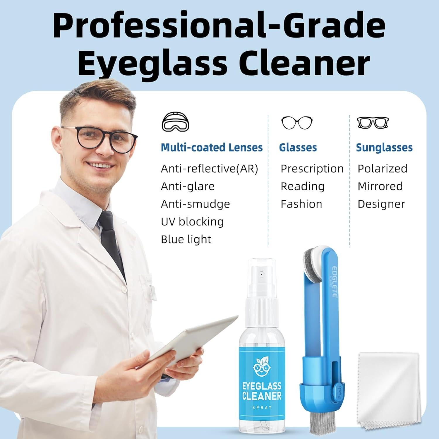 Kit de limpieza de gafas Edglete con spray y paño microfibra