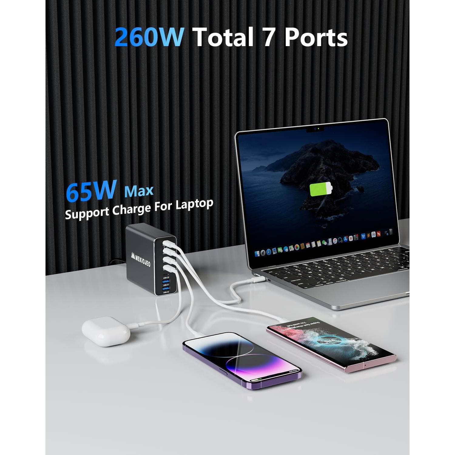 Cargador USB C 260W MEKIOJEO 7 Puertos Carga Rápida Gris
