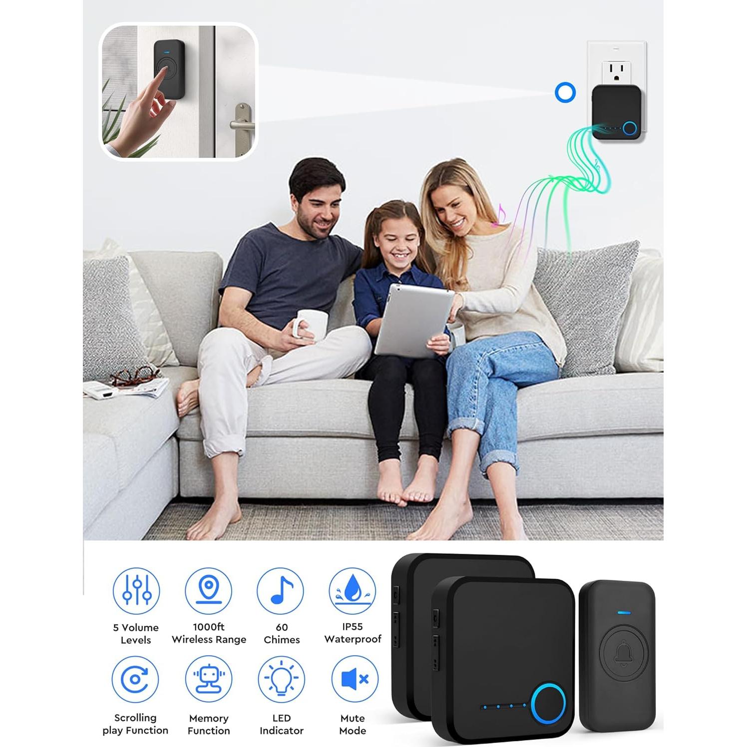 Timbre Inalámbrico FOVKSUC 1000ft 60 Melodías Negro