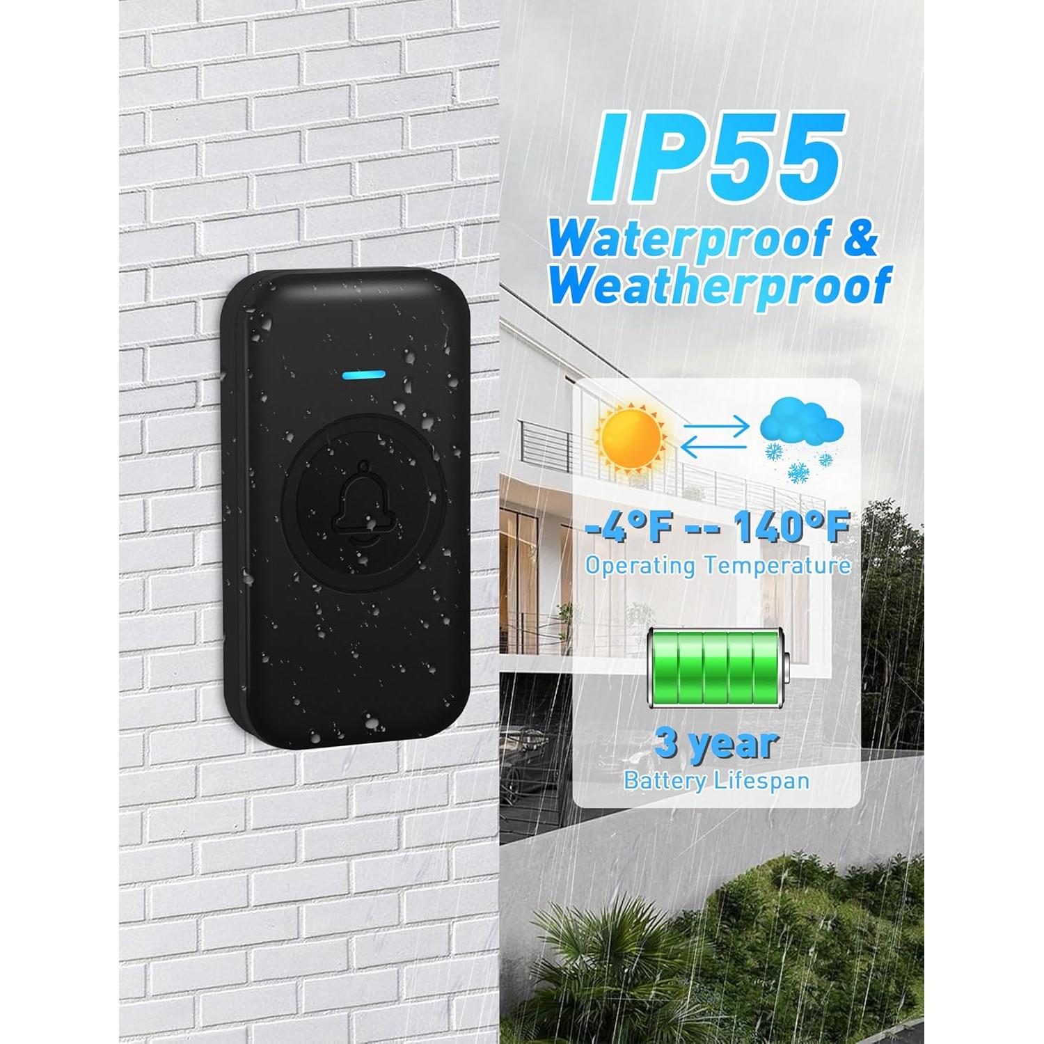 Timbre Inalámbrico FOVKSUC 1000ft 60 Melodías Negro