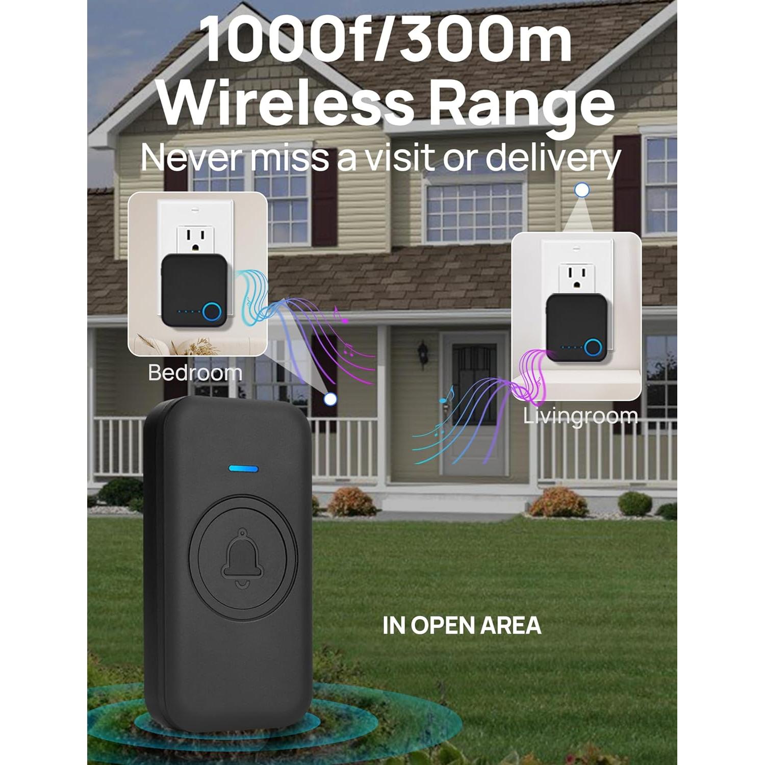 Timbre Inalámbrico FOVKSUC 1000ft 60 Melodías Negro