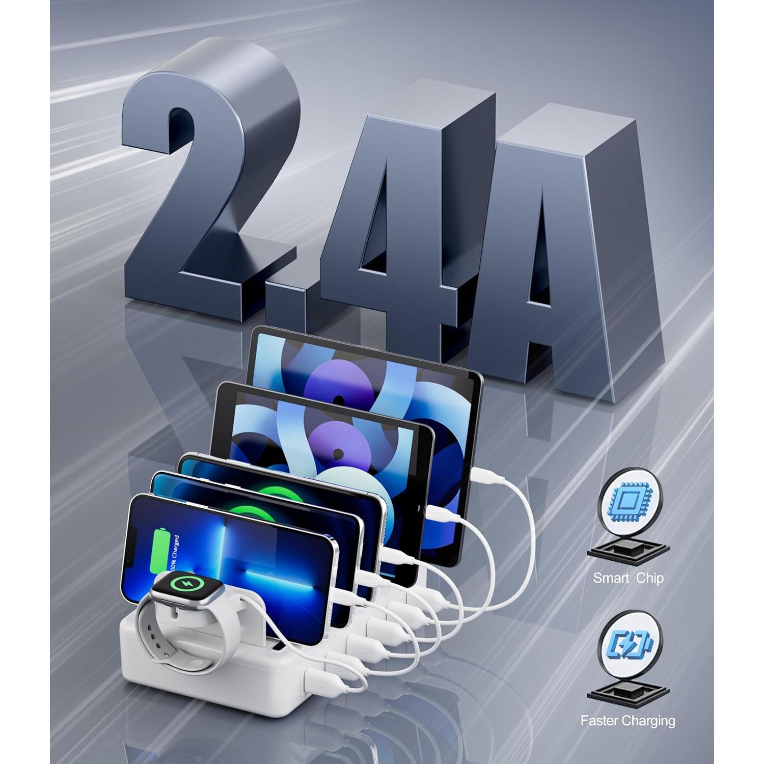 Estación de Carga Rápida 50W 6 Puertos con Cables Mixtos