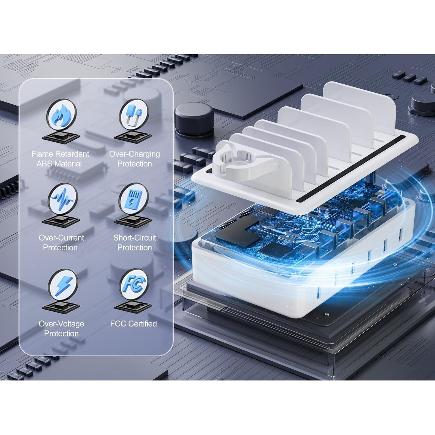 Estación de Carga Rápida 50W 6 Puertos con Cables Mixtos