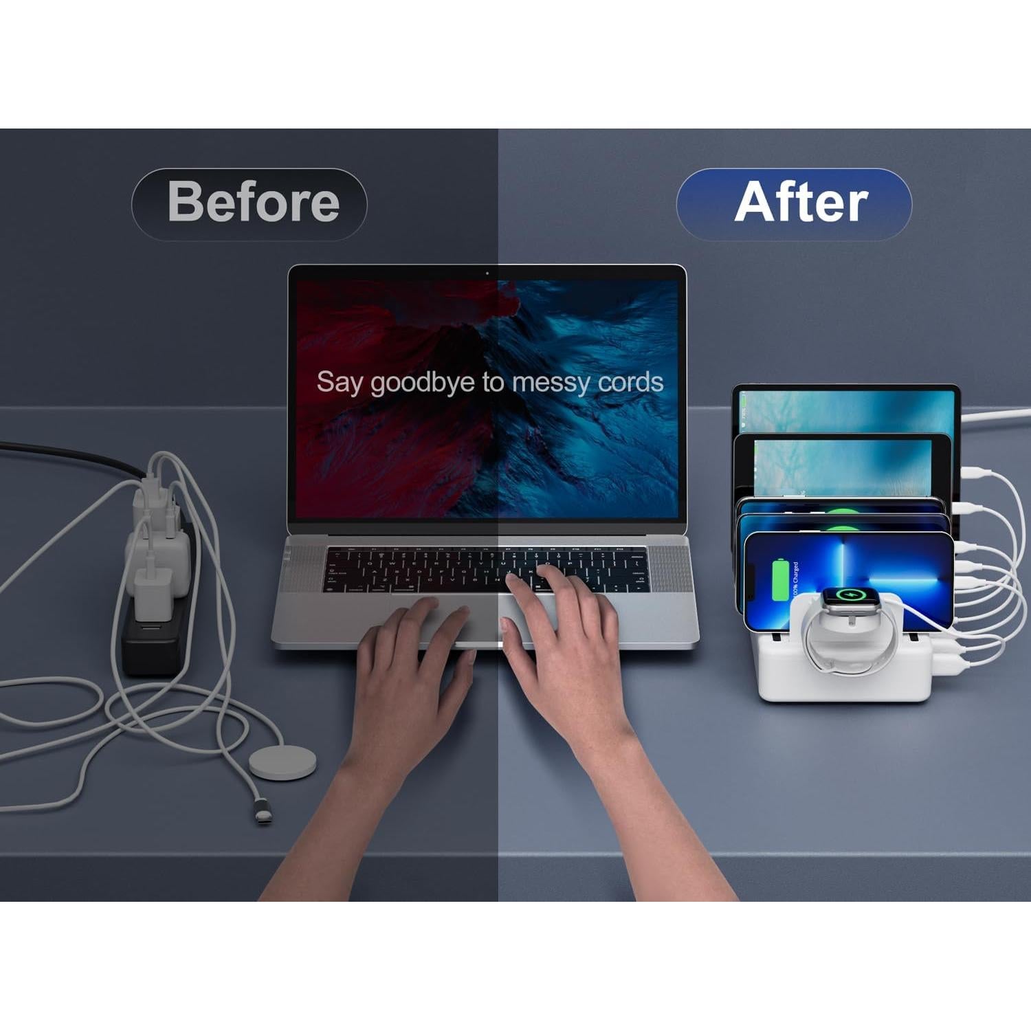 Estación de Carga Rápida 50W 6 Puertos con Cables Mixtos