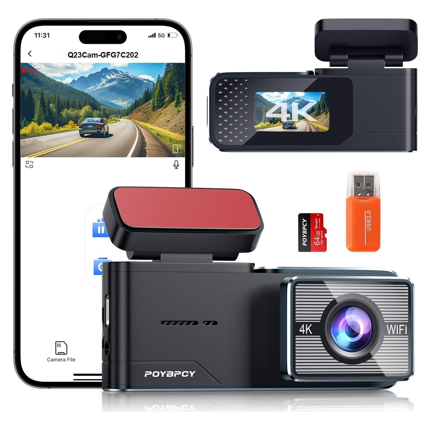 Dash Cam Front 4K WiFi Dashcam with 64GB SD Card 2160P Dash Camera for Cars,Smart App Control,WDR,Super Night Vision,Parking Mode,G-Sensor,Loop Recording,Support 256GB Max