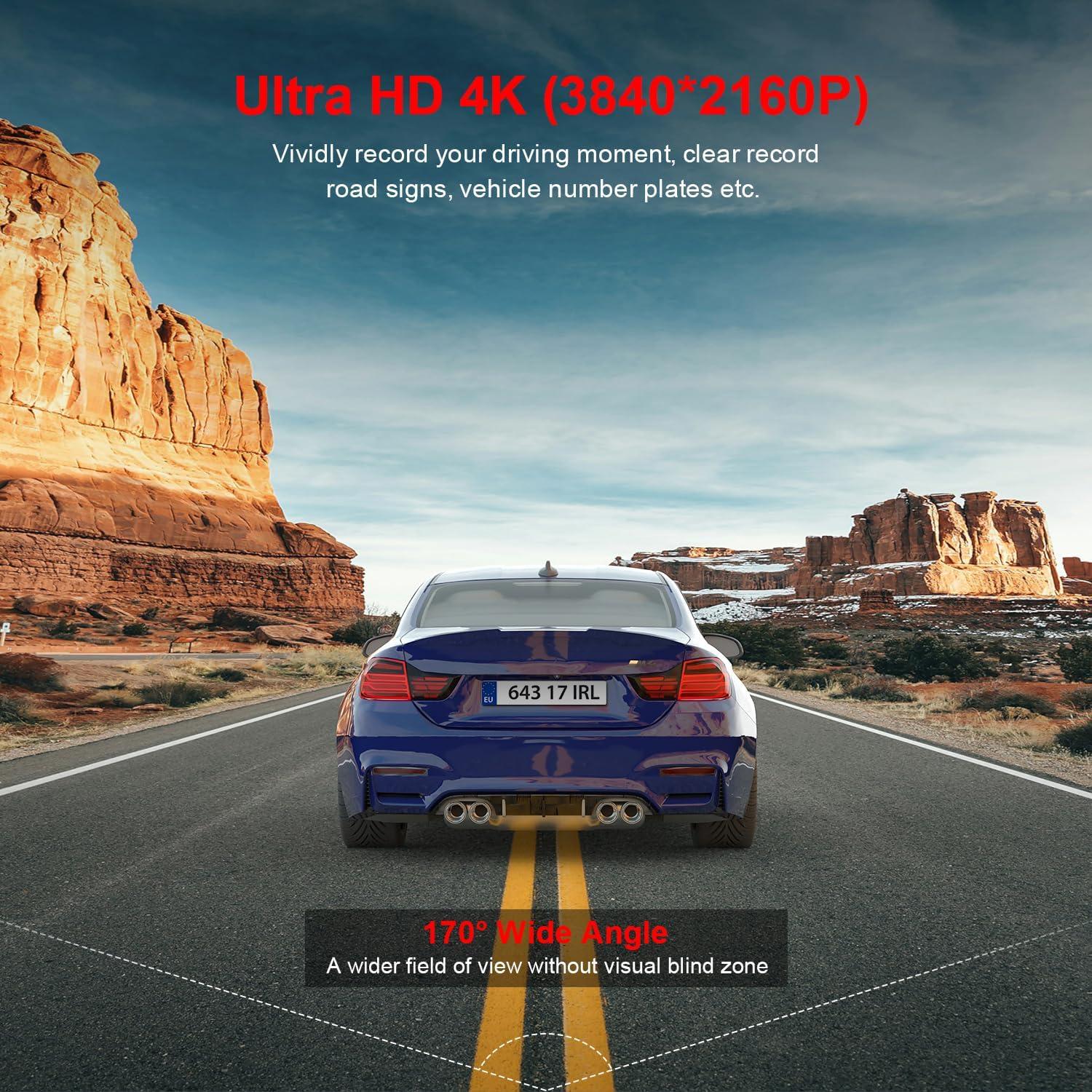 Dash Cam Front 4K WiFi Dashcam with 64GB SD Card 2160P Dash Camera for Cars,Smart App Control,WDR,Super Night Vision,Parking Mode,G-Sensor,Loop Recording,Support 256GB Max