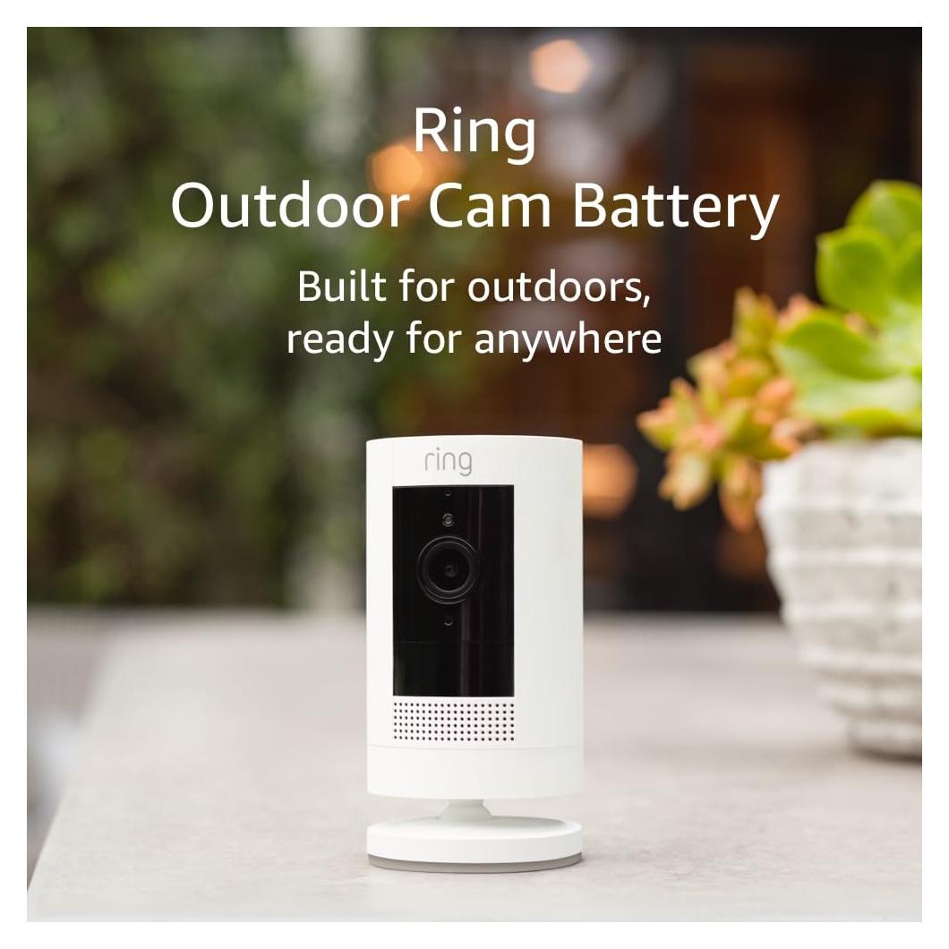 Cámara Exterior Ring Stick Up Blanca con Batería y Alexa