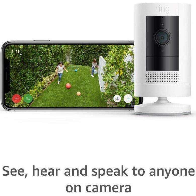 Cámara Exterior Ring Stick Up Blanca con Batería y Alexa