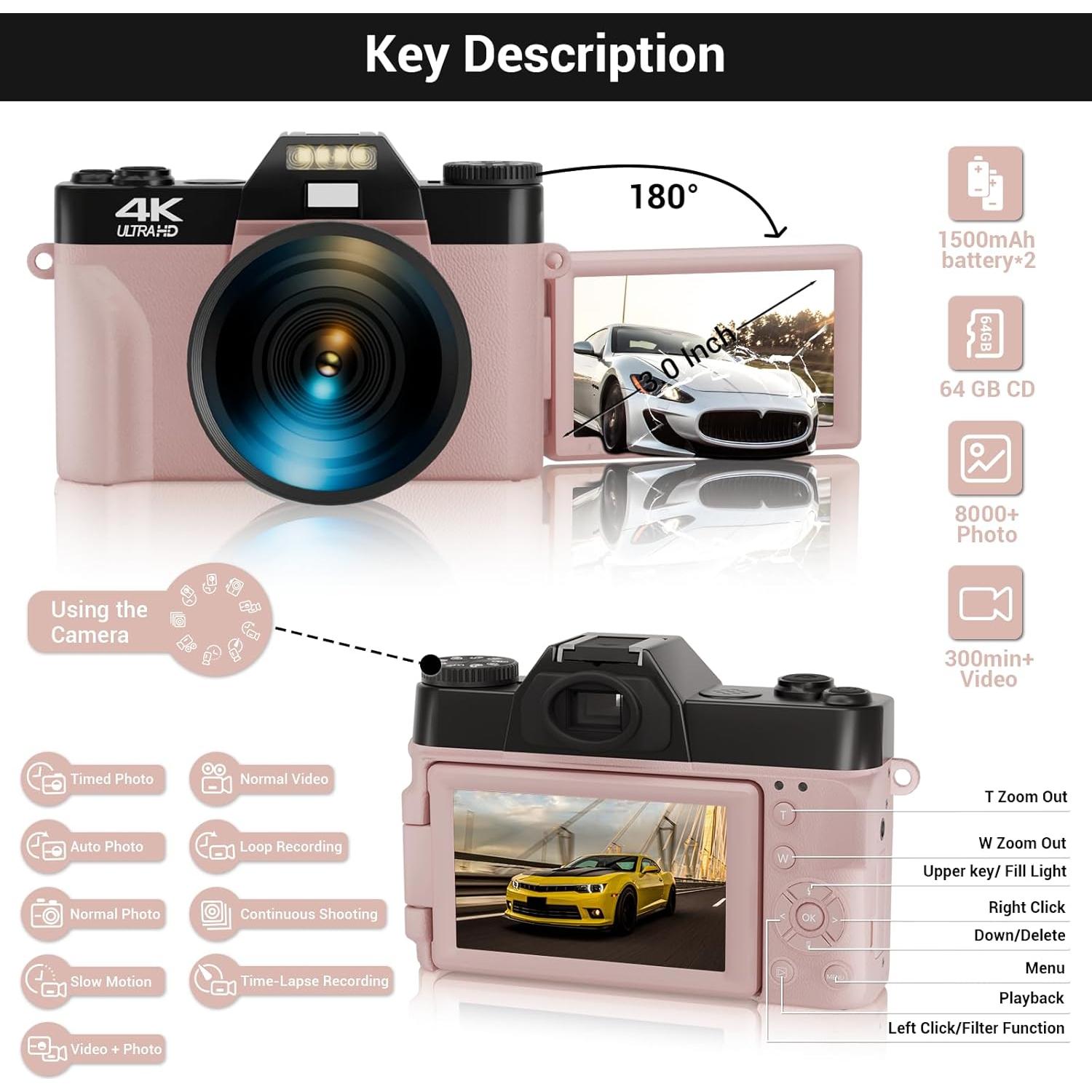 Cámara Digital 4K SMARTKLIK R10 56MP con Zoom 16x Rosa