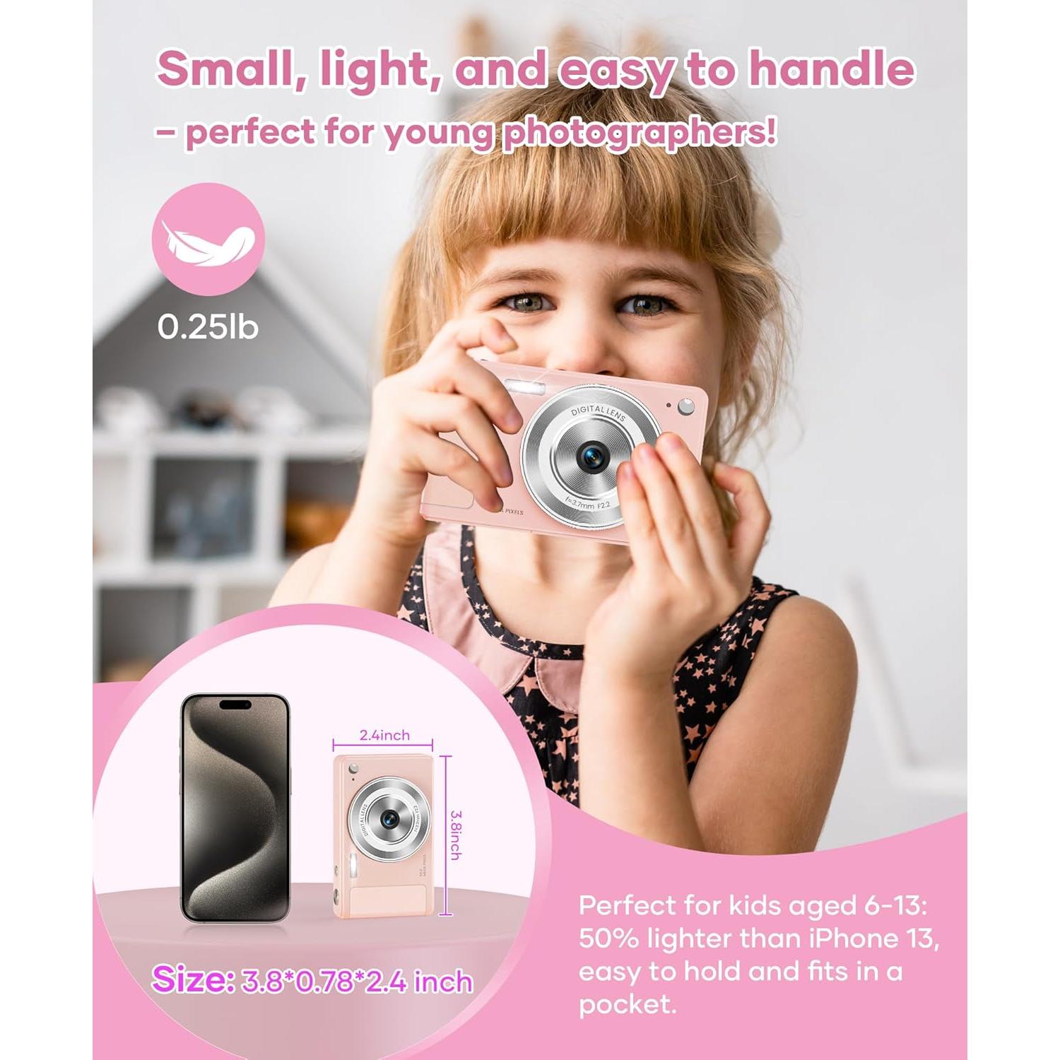 Cámara Digital WONNIE 56MP Rosa con Zoom 16x y 32GB