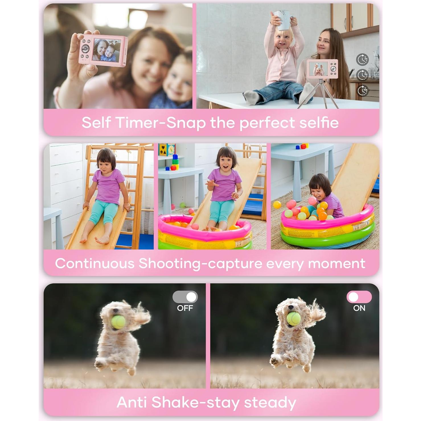 Cámara Digital WONNIE 56MP Rosa con Zoom 16x y 32GB