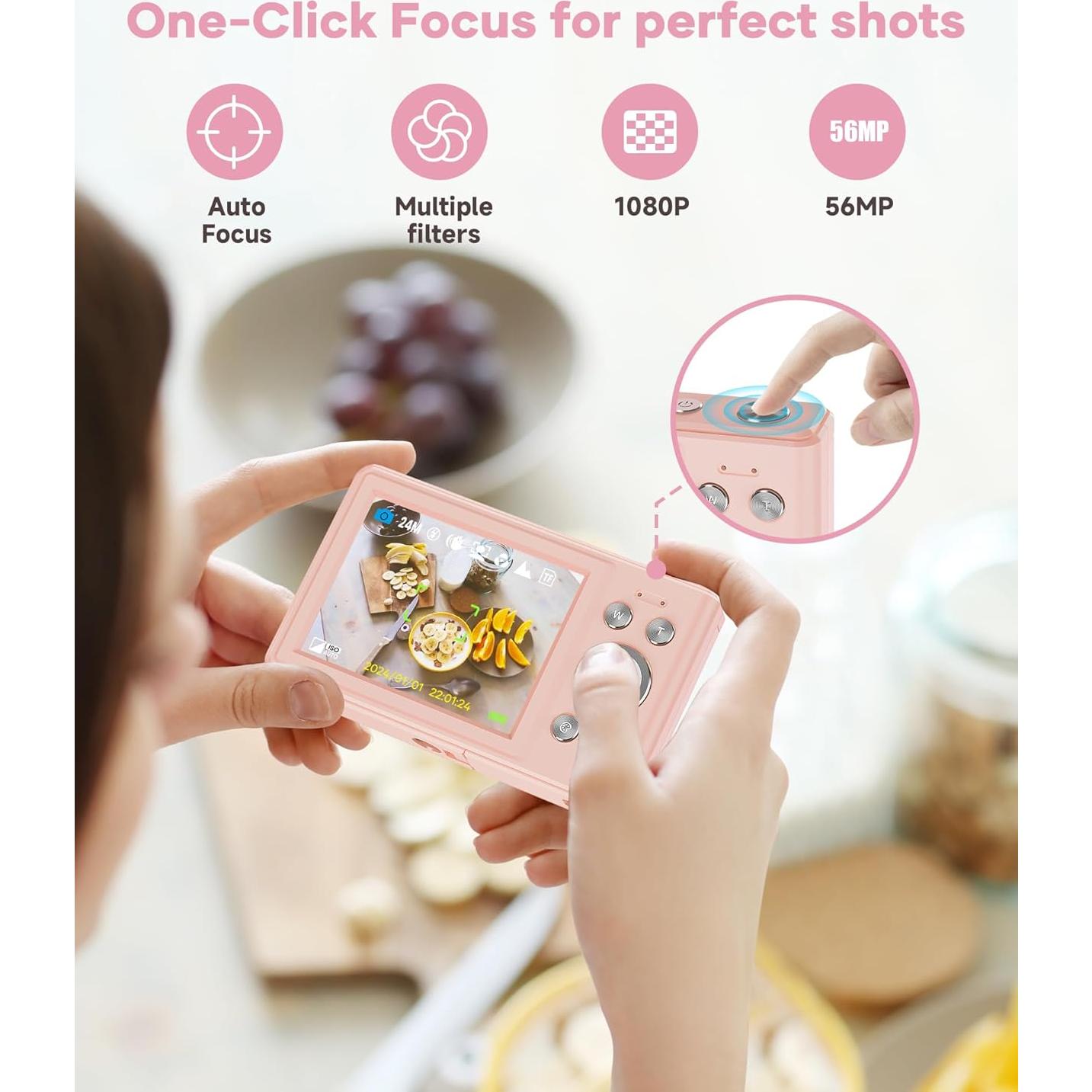 Cámara Digital WONNIE 56MP Rosa con Zoom 16x y 32GB