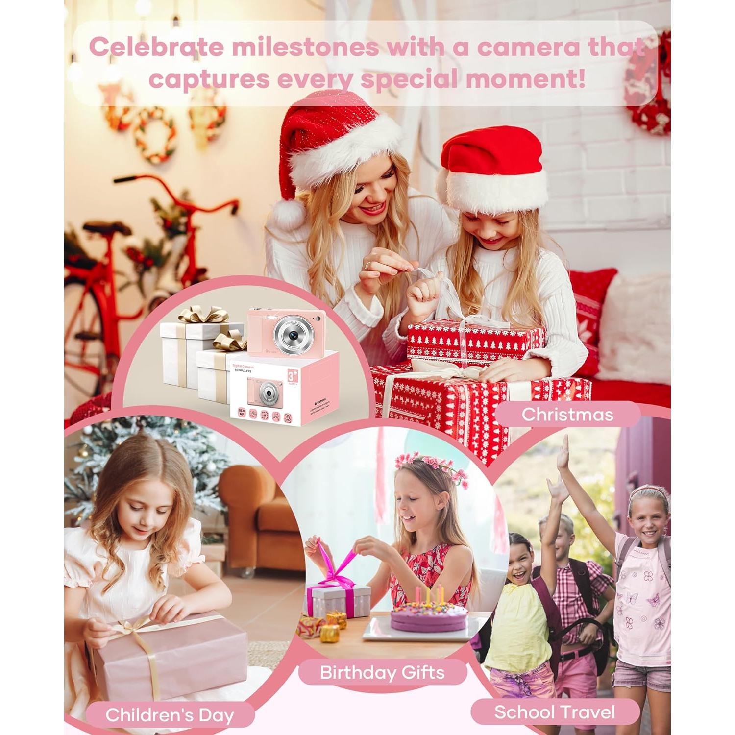 Cámara Digital WONNIE 56MP Rosa con Zoom 16x y 32GB