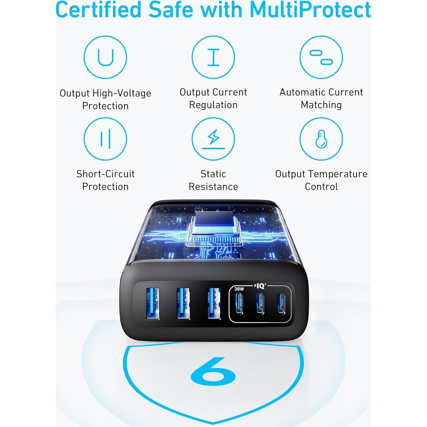 Cargador Anker 112W 6 Puertos USB-C y USB-A Negro