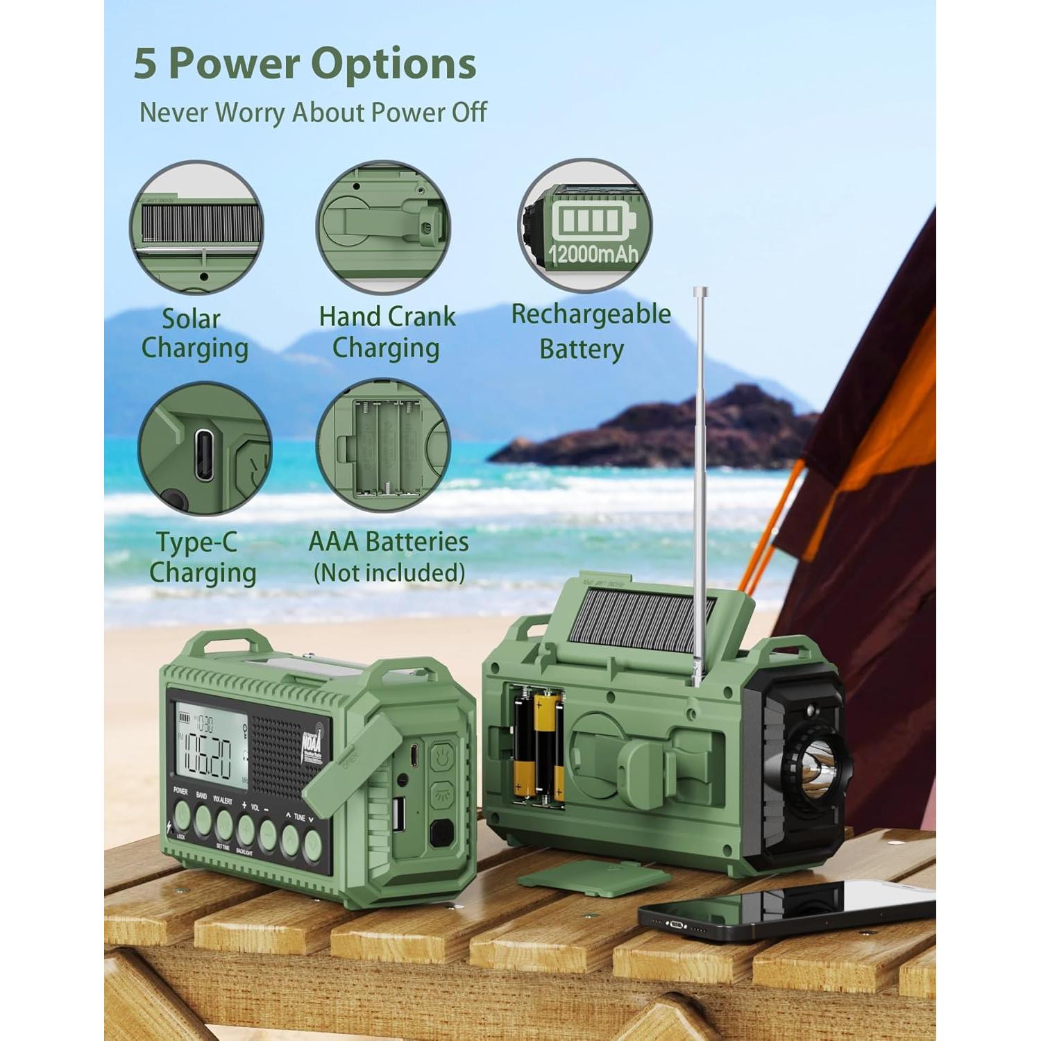 Radio Meteorológica de Emergencia NOAA 12000mAh Verde