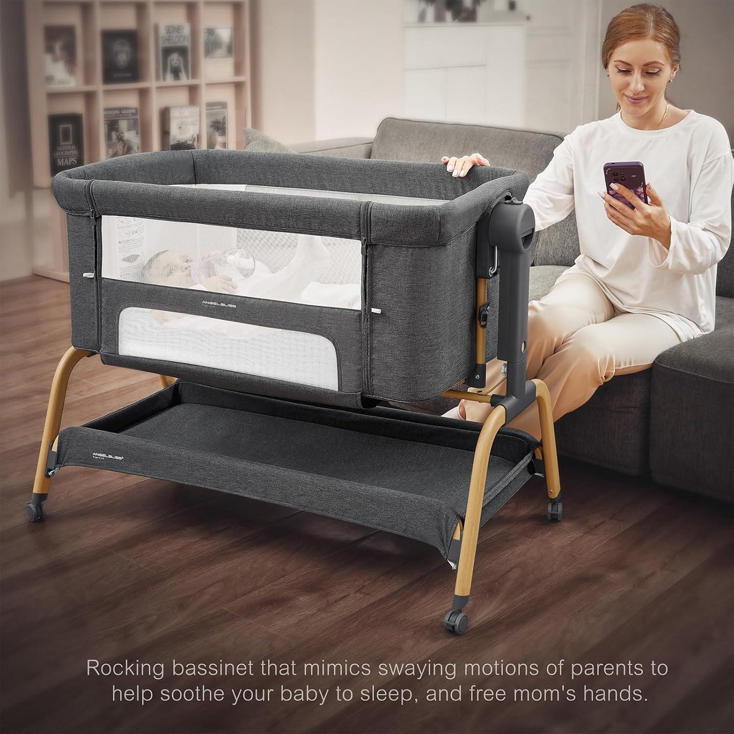 Cuna 3 en 1 ANGELBLISS Gris Oscuro, Mecedora y Lateral Ajustable