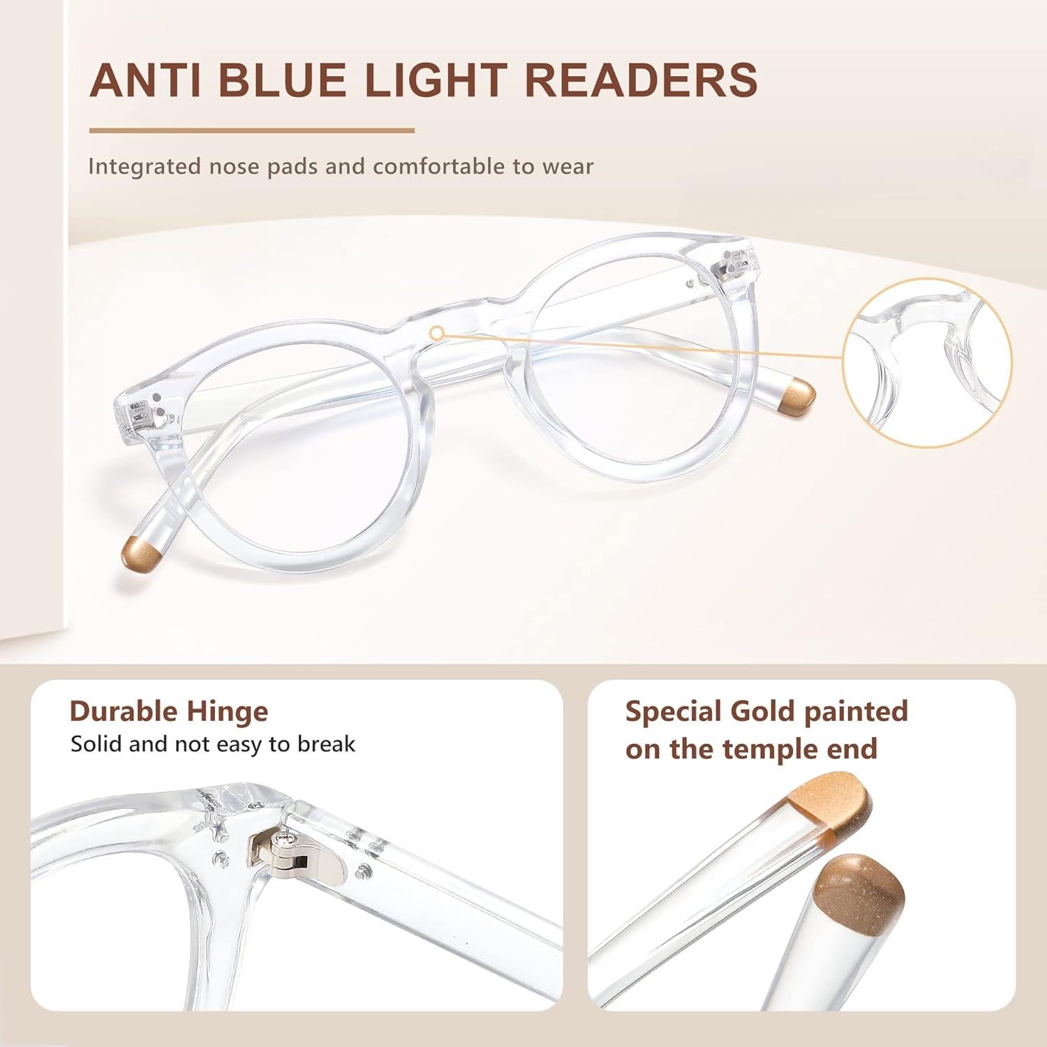 EASY READ Retro Round Blue Light Blocking Reading Glasses for Women, Anti UV Readers for Women Computer Eyeglasses Clara