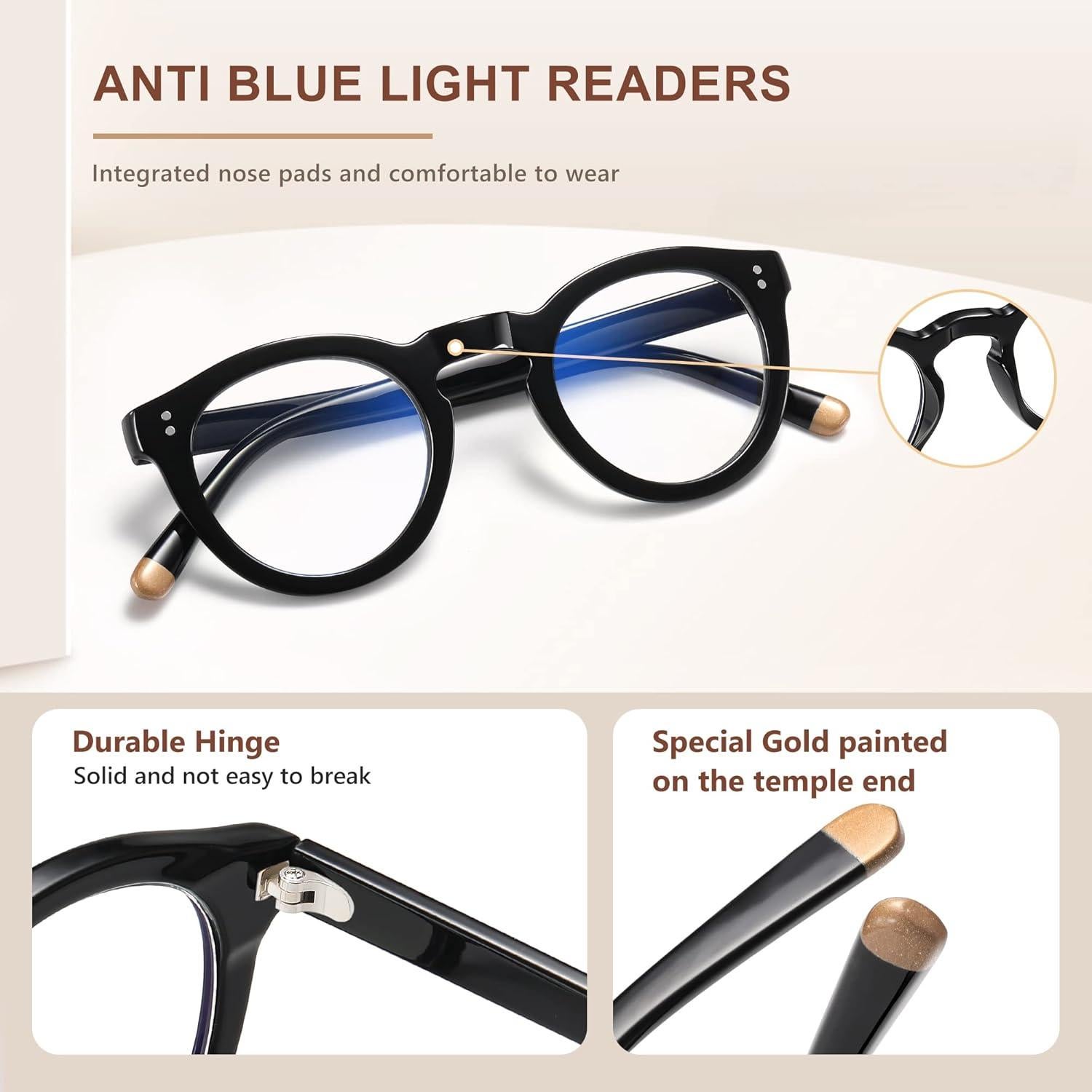 EASY READ Retro Round Blue Light Blocking Reading Glasses for Women, Anti UV Readers for Women Computer Eyeglasses Clara