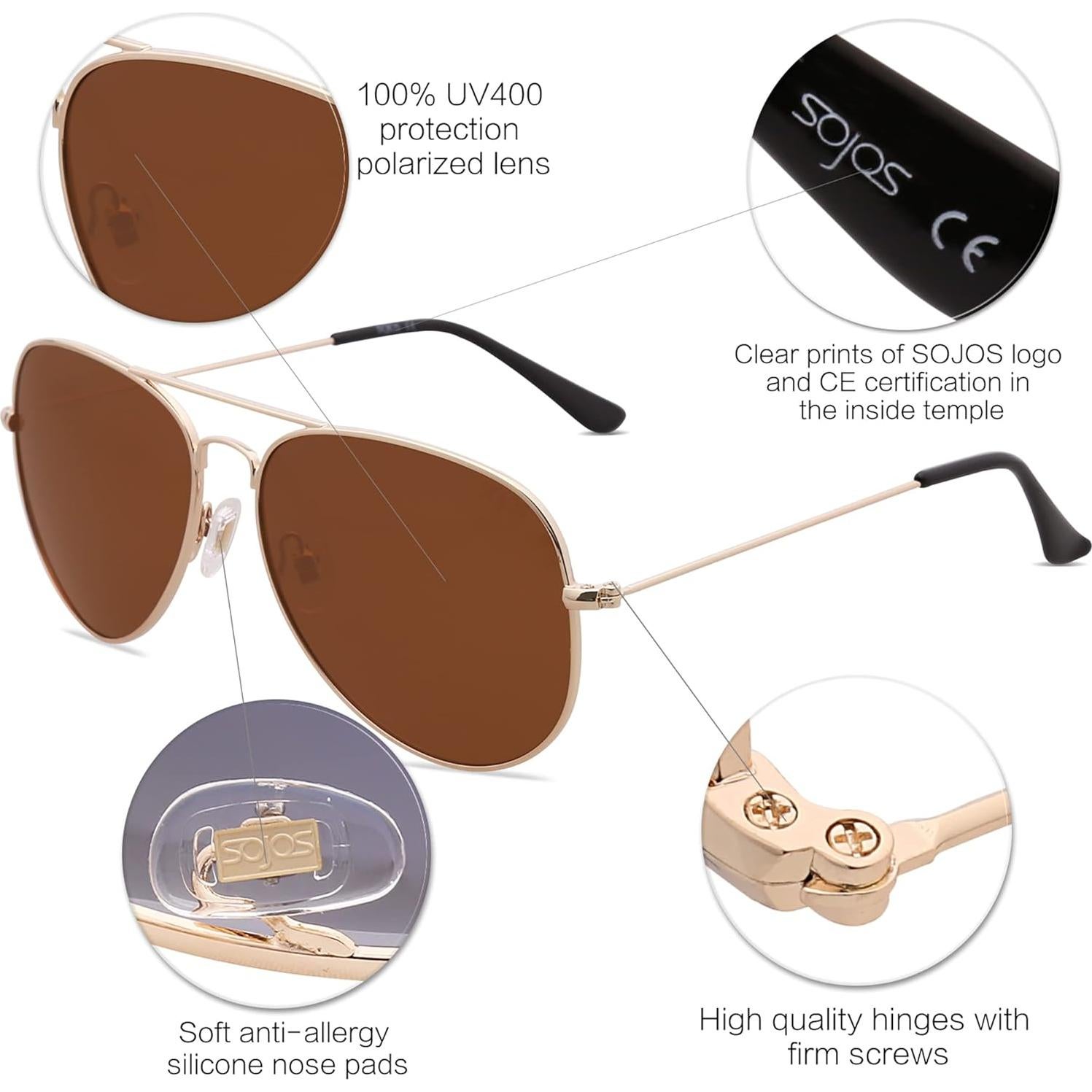Gafas de sol polarizadas SOJOS Aviador 62mm marrón
