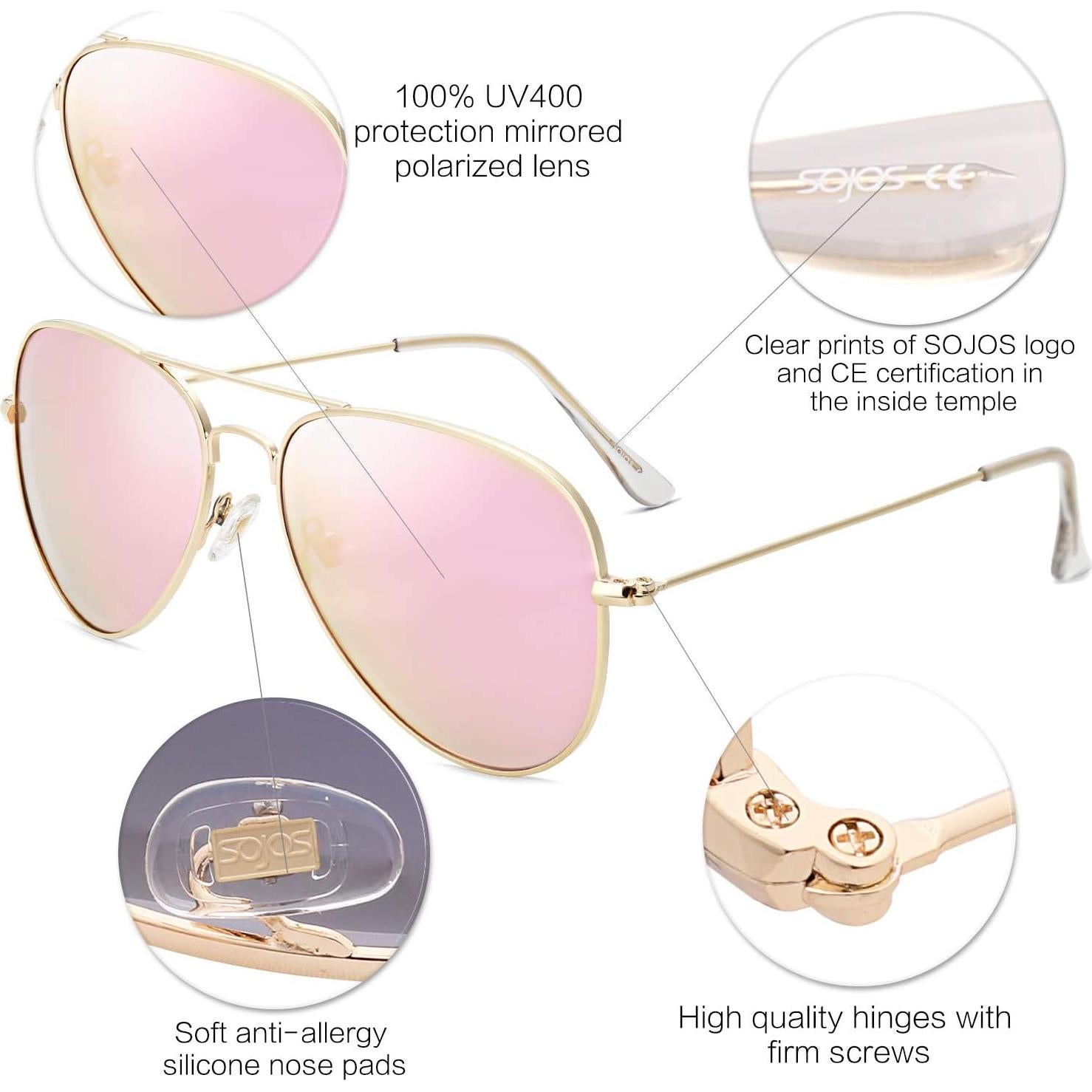 Gafas de sol polarizadas SOJOS Aviador 58mm Rosa Vintage