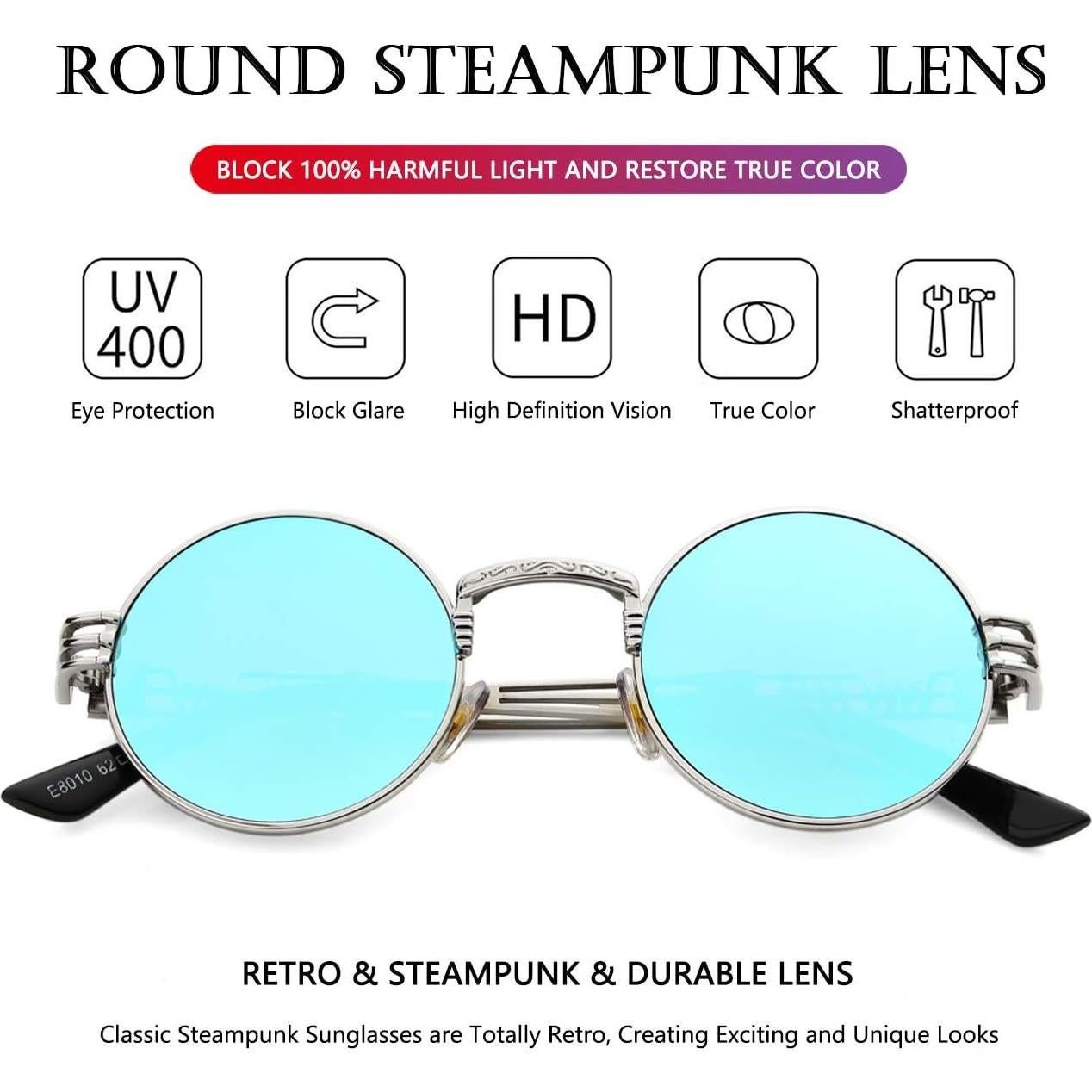 Gafas de sol redondas AIEYEZO steampunk UV 100% plateadas