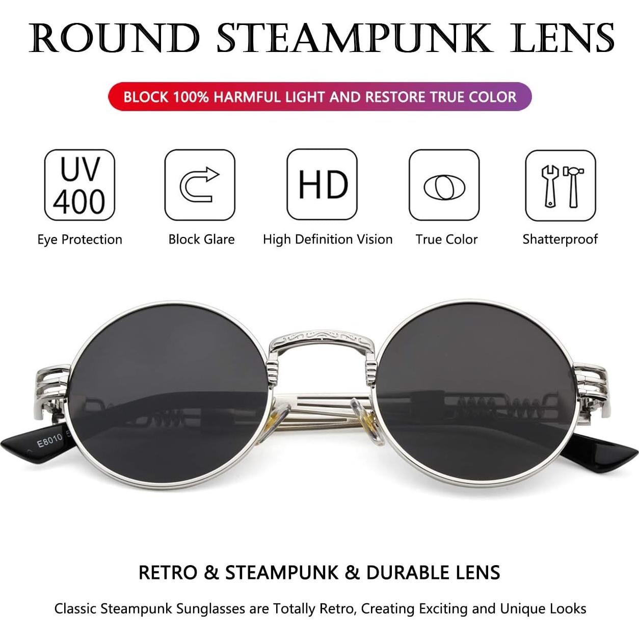 Gafas de sol redondas AIEYEZO steampunk UV 100% plata