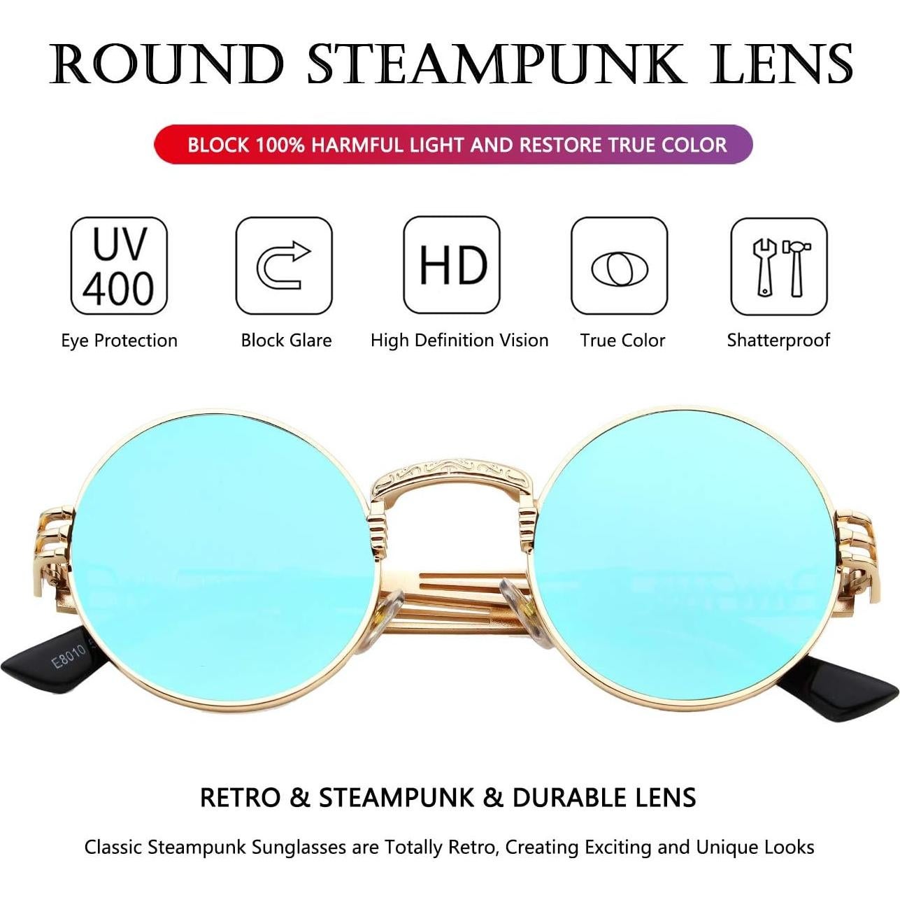 Gafas de sol redondas AIEYEZO steampunk UV 100% oro/azul