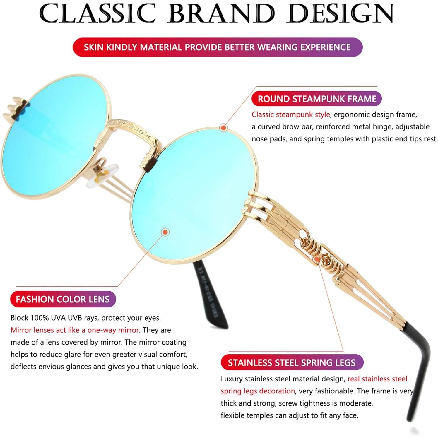 Gafas de sol redondas AIEYEZO steampunk UV 100% oro/azul