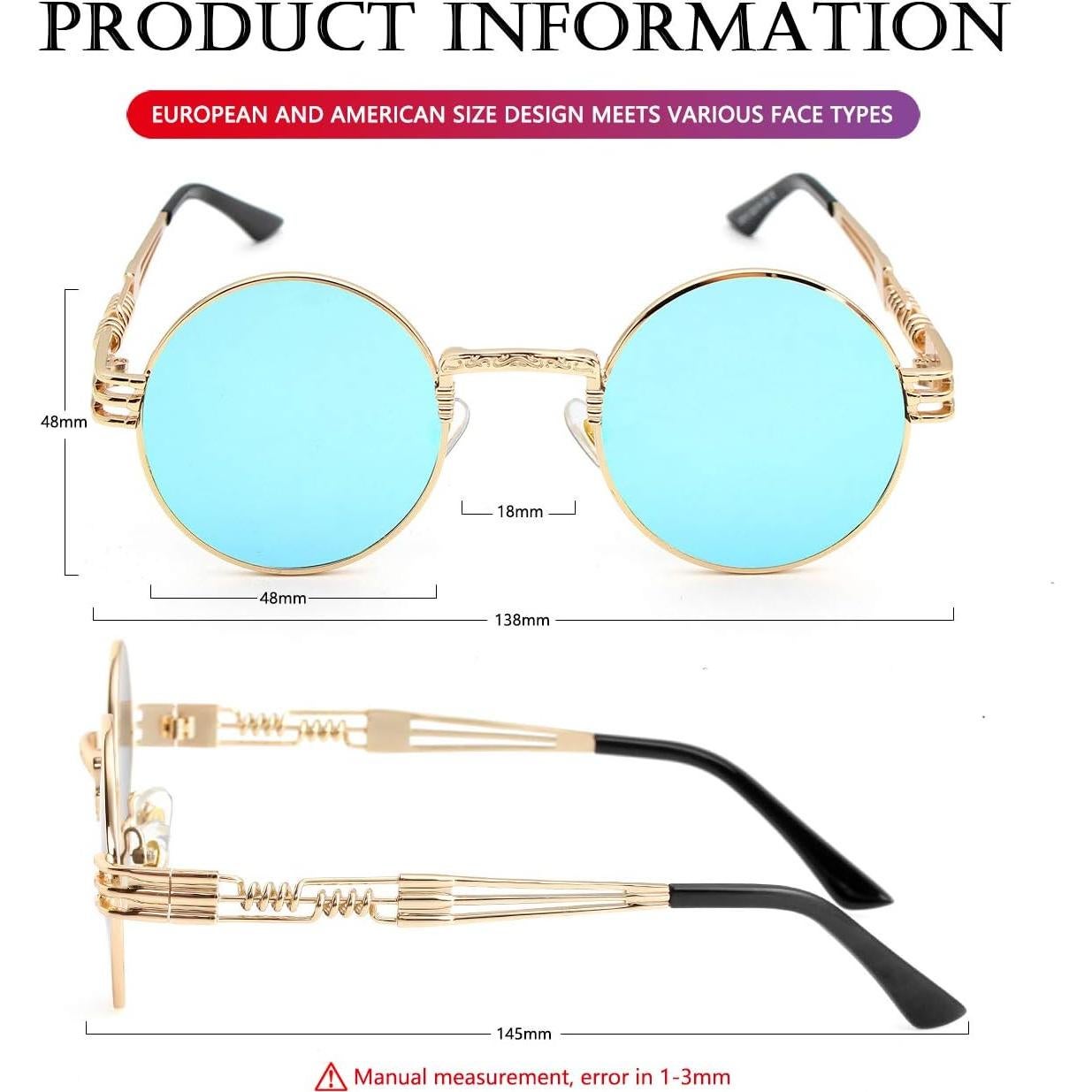 Gafas de sol redondas AIEYEZO steampunk UV 100% oro/azul