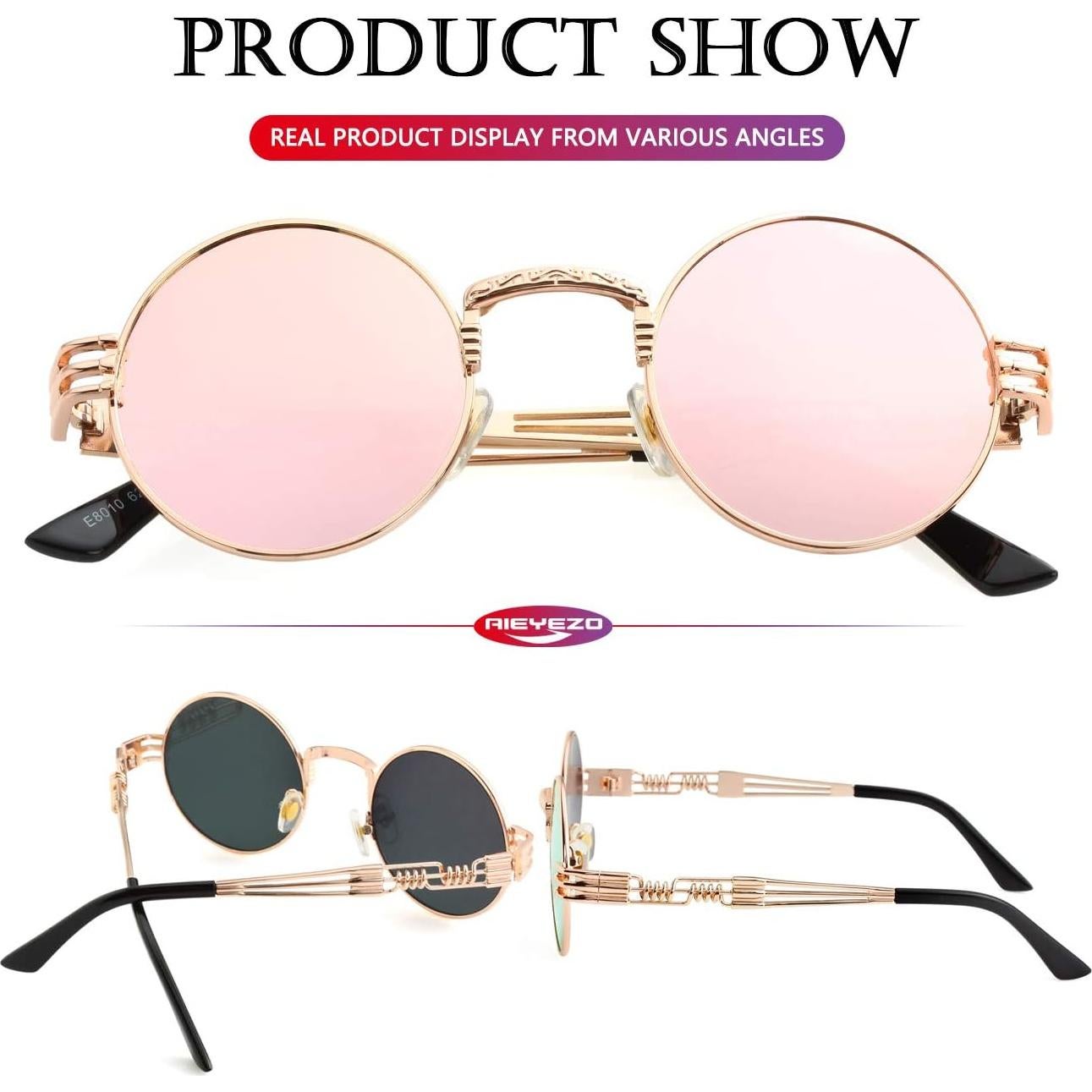 Gafas de sol redondas AIEYEZO Steampunk oro espejo rosa