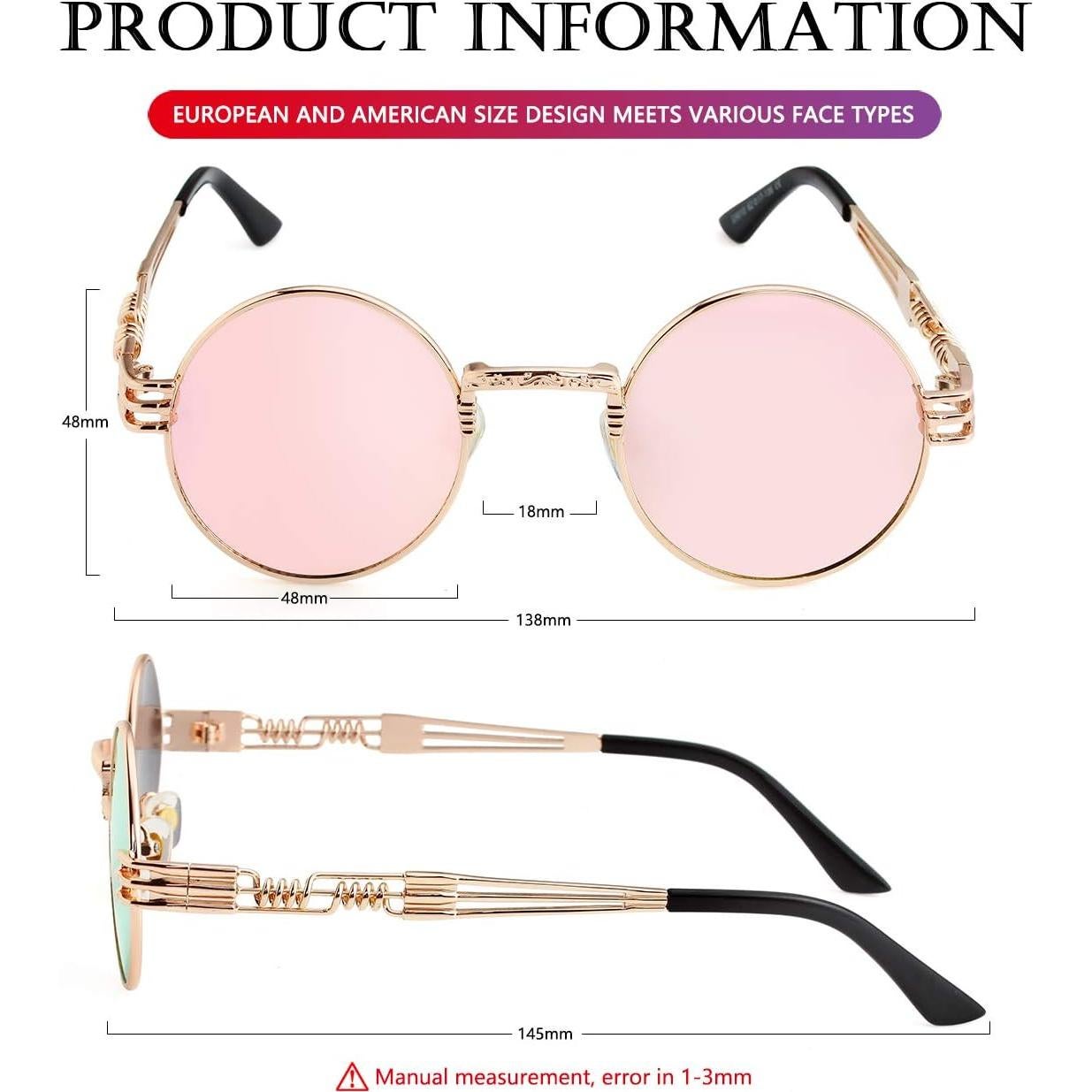 Gafas de sol redondas AIEYEZO Steampunk oro espejo rosa
