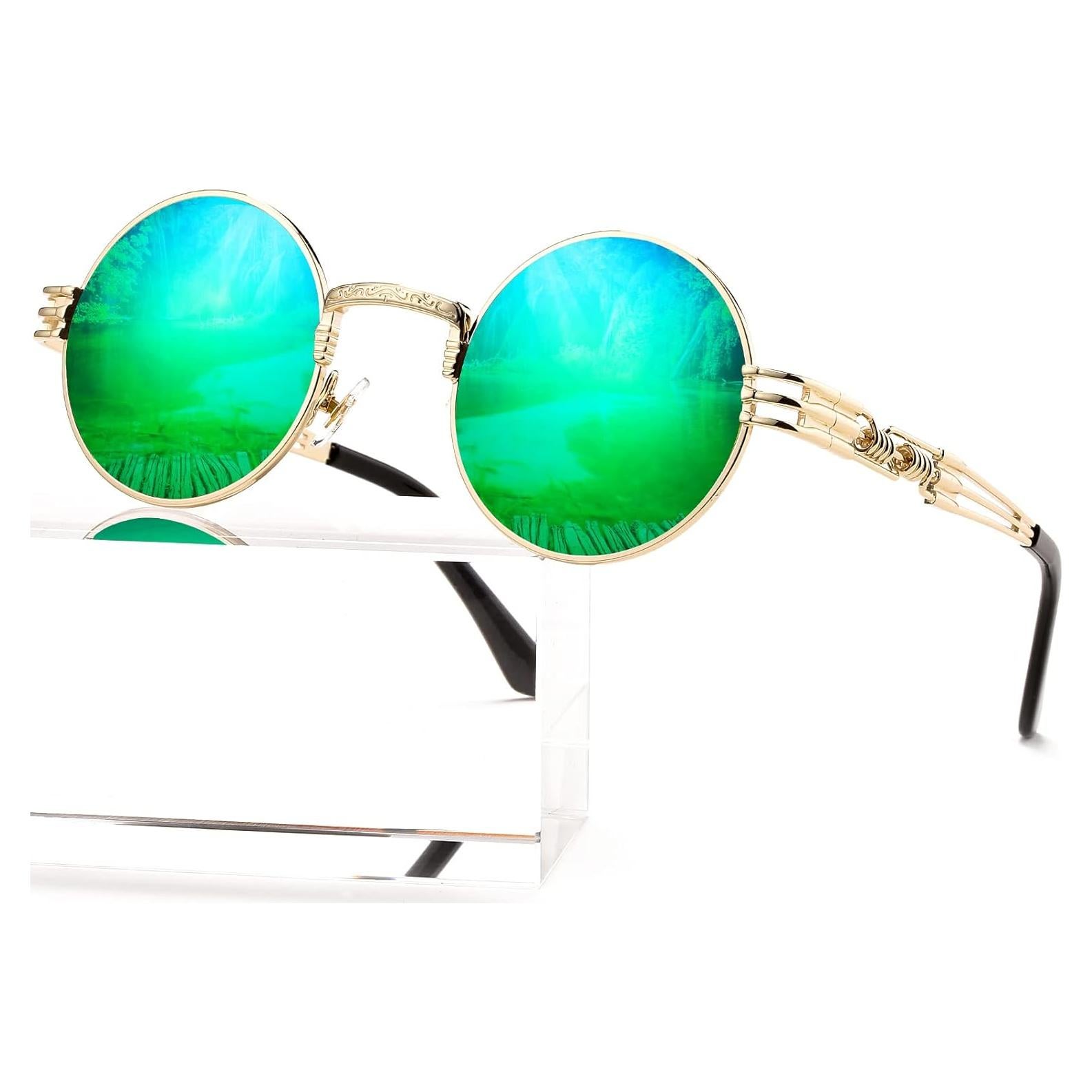 Gafas de sol redondas AIEYEZO steampunk UV 100% oro/espejo verde