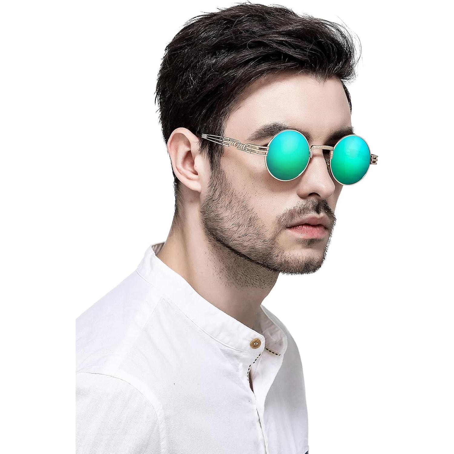 Gafas de sol redondas AIEYEZO steampunk UV 100% oro/espejo verde