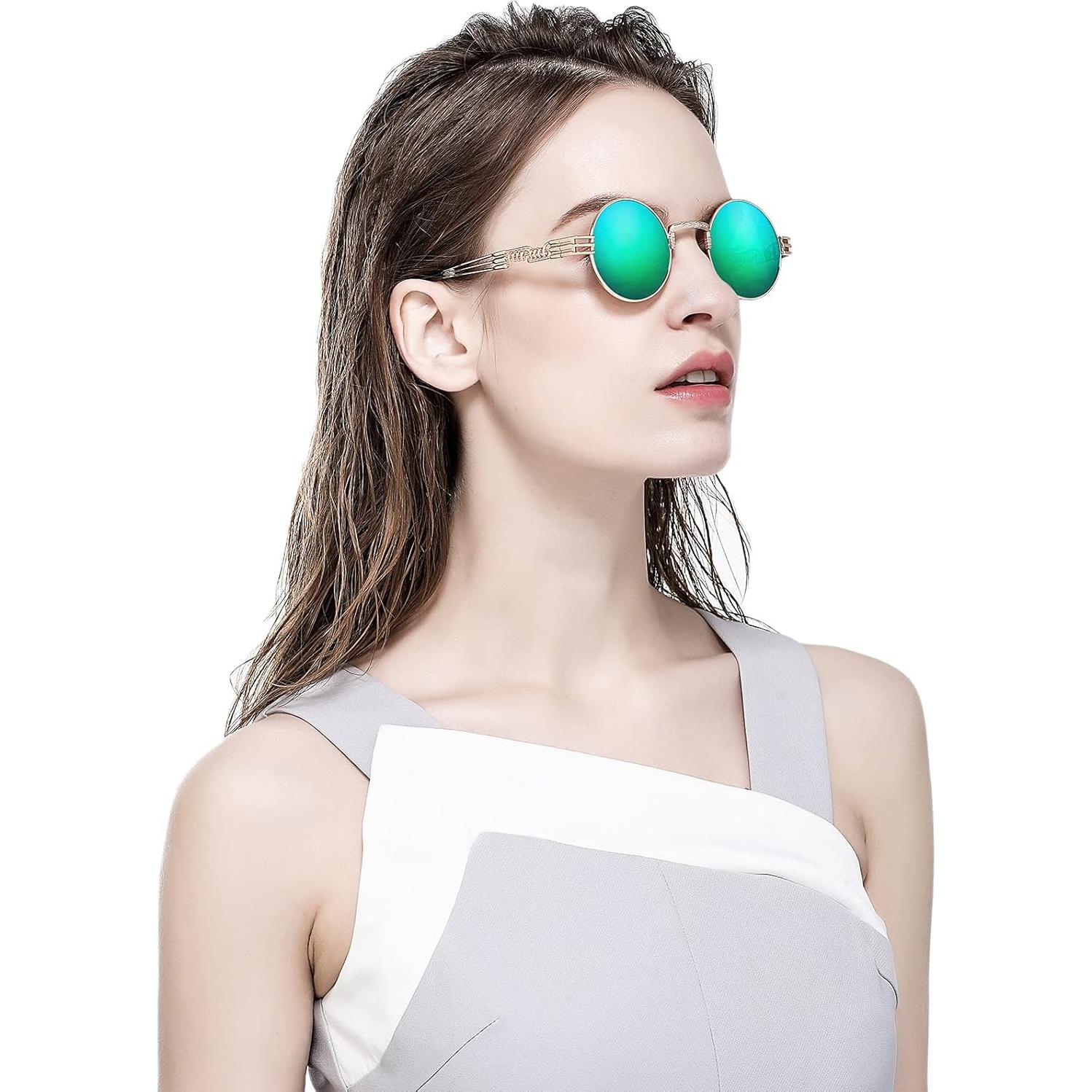 Gafas de sol redondas AIEYEZO steampunk UV 100% oro/espejo verde