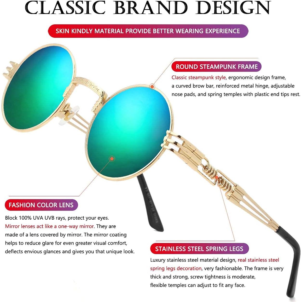 Gafas de sol redondas AIEYEZO steampunk UV 100% oro/espejo verde