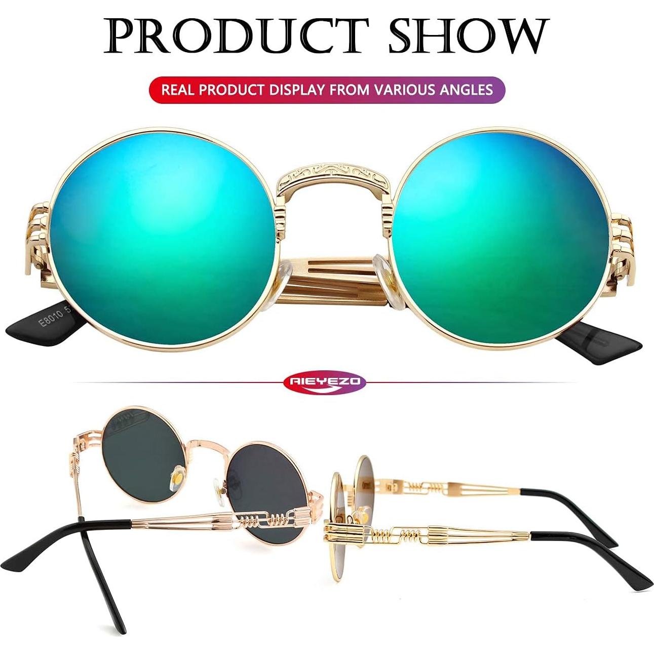 Gafas de sol redondas AIEYEZO steampunk UV 100% oro/espejo verde