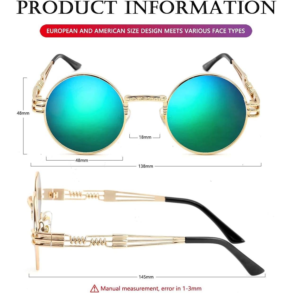 Gafas de sol redondas AIEYEZO steampunk UV 100% oro/espejo verde